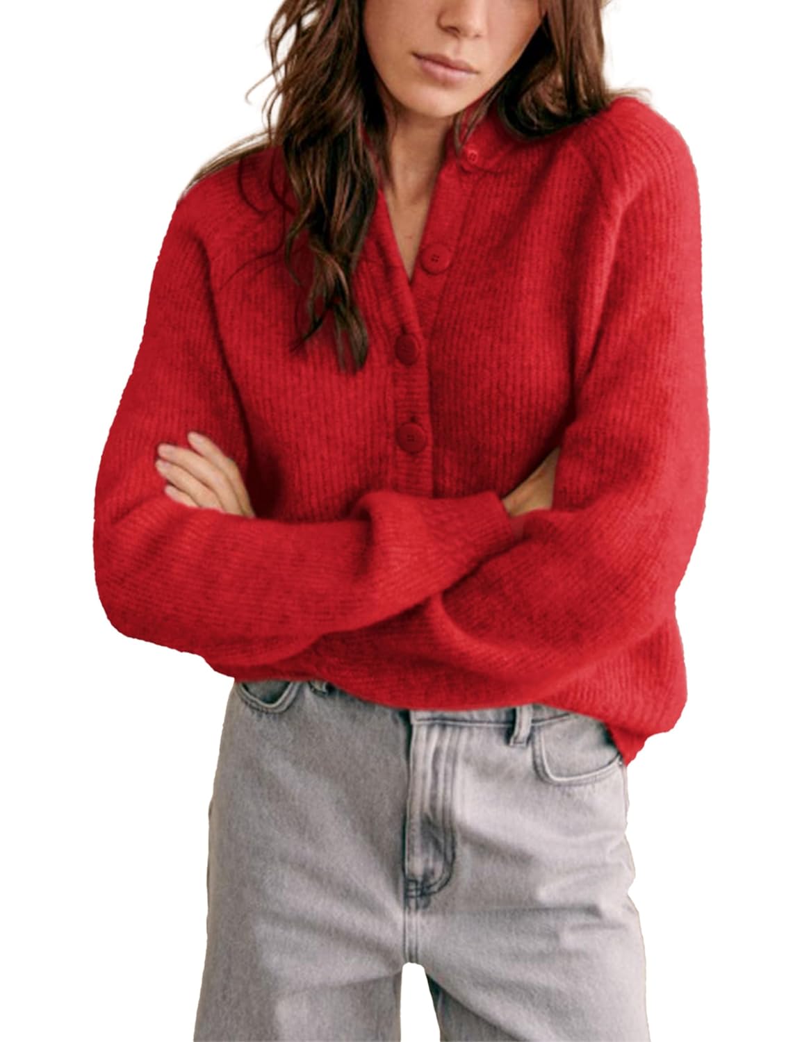 Bianstore Womens Casual Long Sleeve Crewneck Button Down Cardigan Chunky Knit Open Front Sweater Tops Red-S
