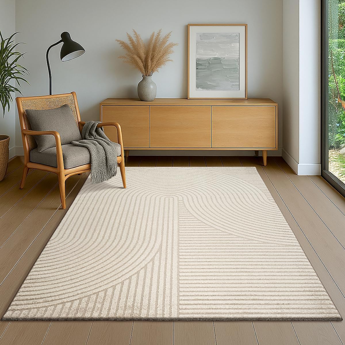 Tapis géométrique beige 150x200cm lavable et antidérapant pour salon