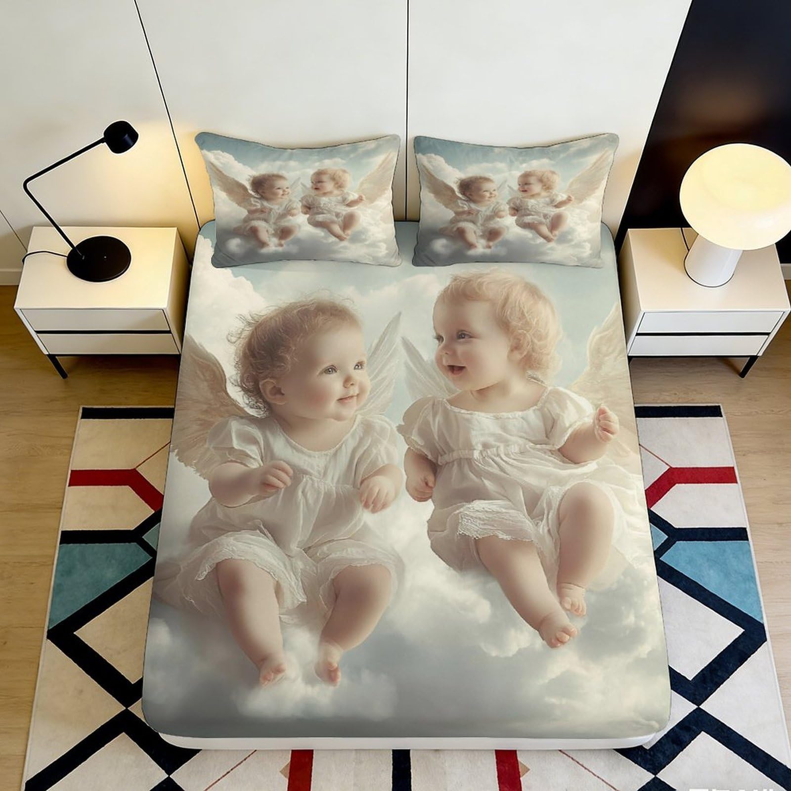 3D Printed Angel Fitted Sheet Microfiber Deep Pocket Non-Slip Angel Mattress Fitted Cover Full Wrap Washable Bedding 160x200x25cm