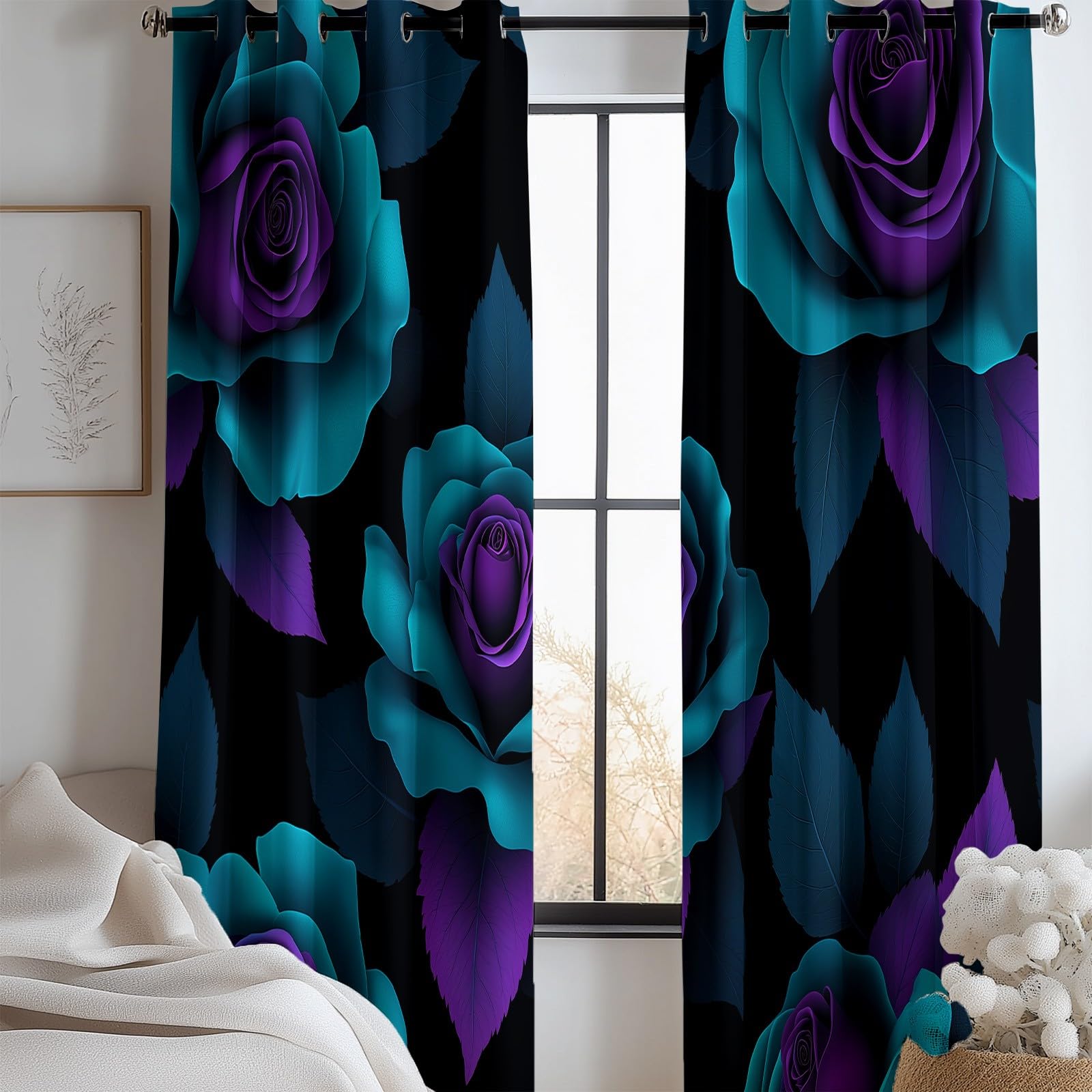 Tende Oscuranti per Interni 2 Pezzi 140x140 cm (LxA), Fiore Rosa 3D Foglie Tenda Coprente per Soggiorno, Termiche Isolanti Nero Tendaggi per Interno Finestra per Salotto Cucina