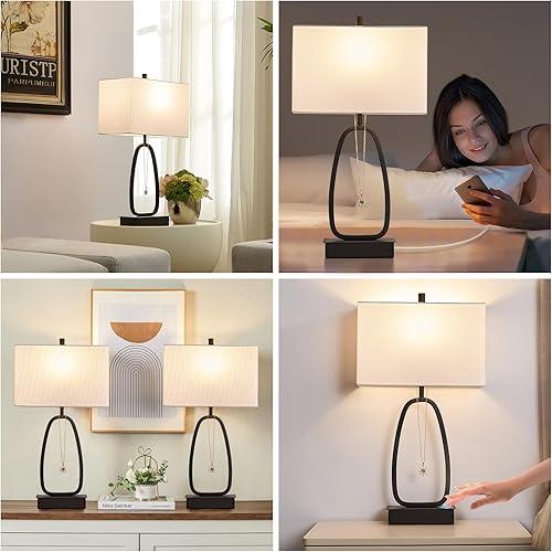Miniatura 6 de Juego de 2 lámparas de mesa táctiles modernas de 25 pulgadas con 2 salidas USB y CA, lámparas de noche regulables de 3 vías para mesita de noche,