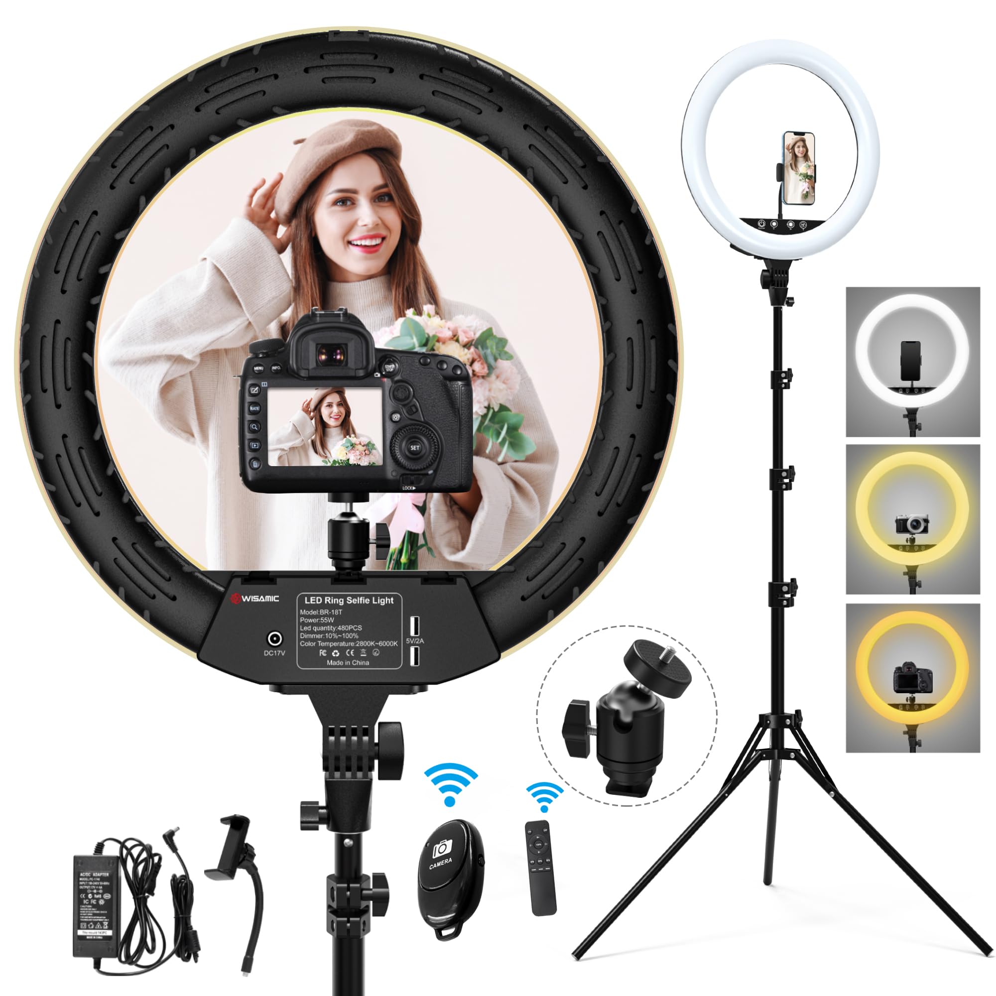 WISAMIC Ring Light Kit: 18" 55W LED Ring Light with Tripod Stand and Phone Holder, 2800-6000K Dimmable ARO De Luz for Girls Makeup Selfie, YouTube TikTok Live Stream, CRI 95+