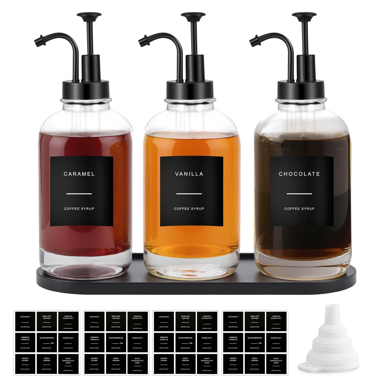 Sunal Kaffee Sirup Spender,Set of 3 Glas Sirup Spender,500ml/16,9 oz Schwarz Honig Pump Flasche mit 36 Wasserdichten Etiketten,1 Tray und 1 Silikon Trichter für Küche Kaffee Bar