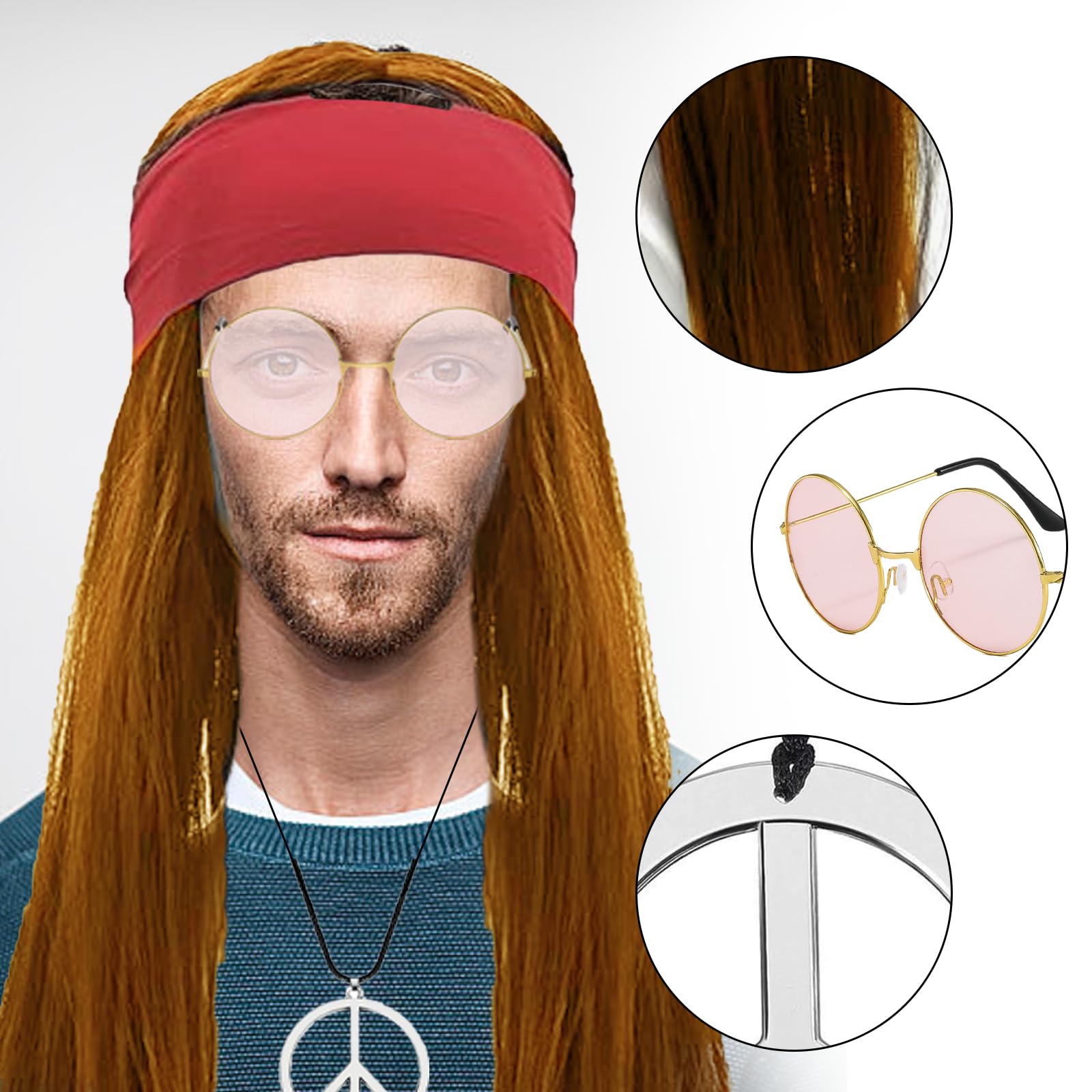Costume Hippie Anni 70 Completo - Maglietta, Parrucca, Occhiali E Collana Pace - Foto 4