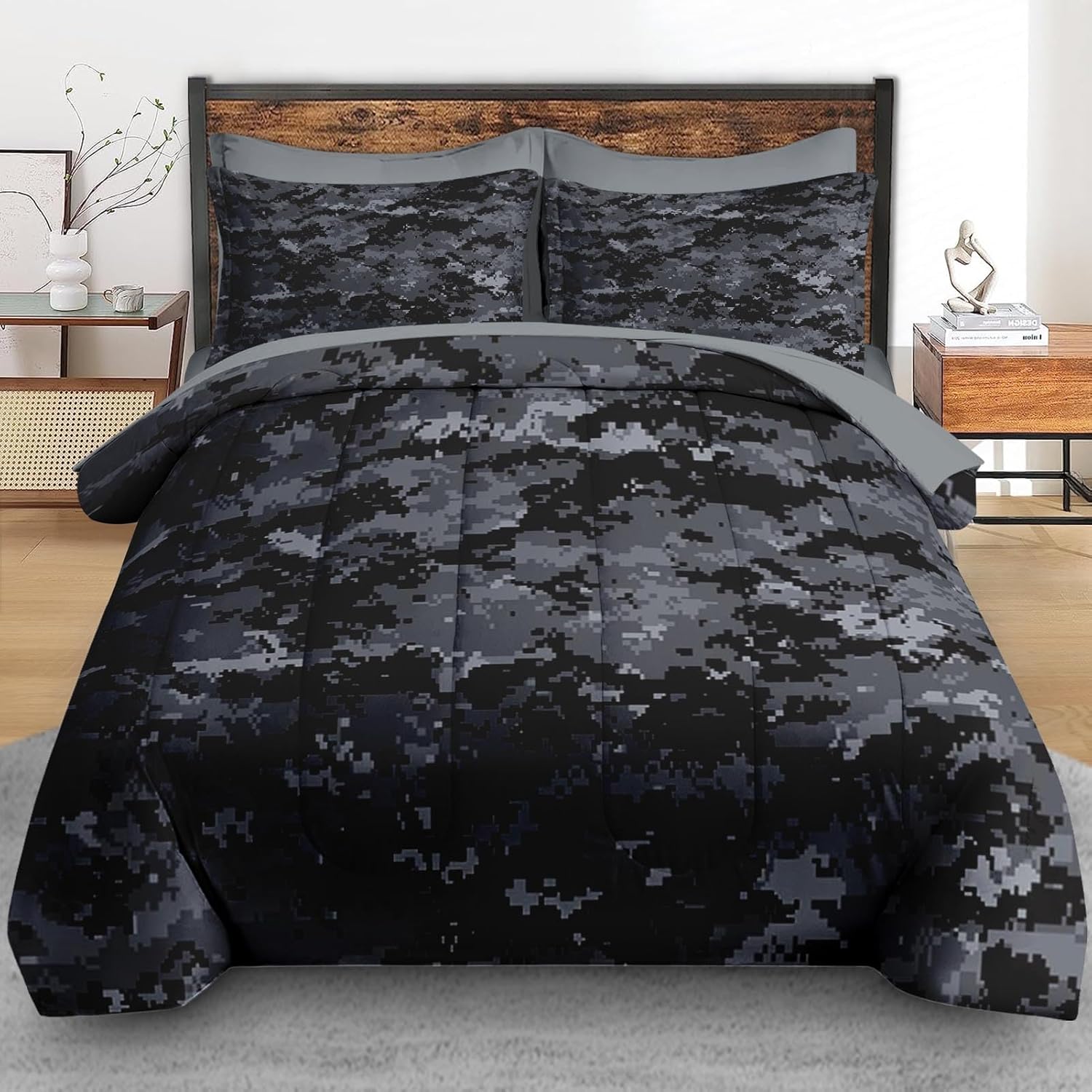 Comforter Set Queen Size, Camouflage Camo Military 7 Pcs Bedding for Kids and Adults, Gray Black Bed Sheet Sets with Fitted Sheet 2 Pillowcases & 2 Shams for Bedroom Bed Decor