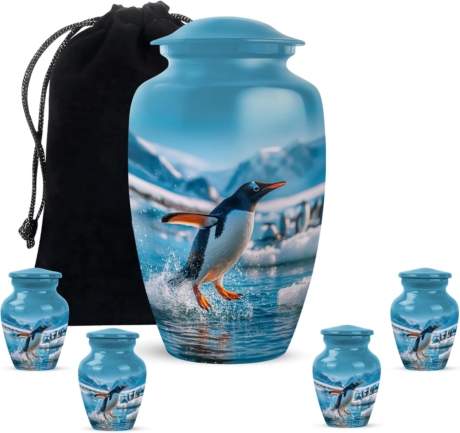 FASHIONZAADI Penguin Urns for Human Ashes Adult - Mini Keepsake Cremation Urns for Adult Ashes Women - Blue Funeral Urn for Male & Female - Decorative Urn for Mom - Combo 10 Inch & 3 Inch - Set of 5