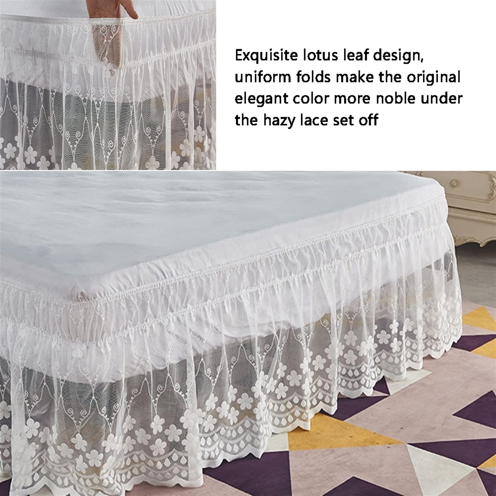 Gonna Letto Pizzo 38 Cm - Giroletto Elastico Tre Lati, Per Letti Singoli/Matrimoniali, Antipolvere - Foto 12