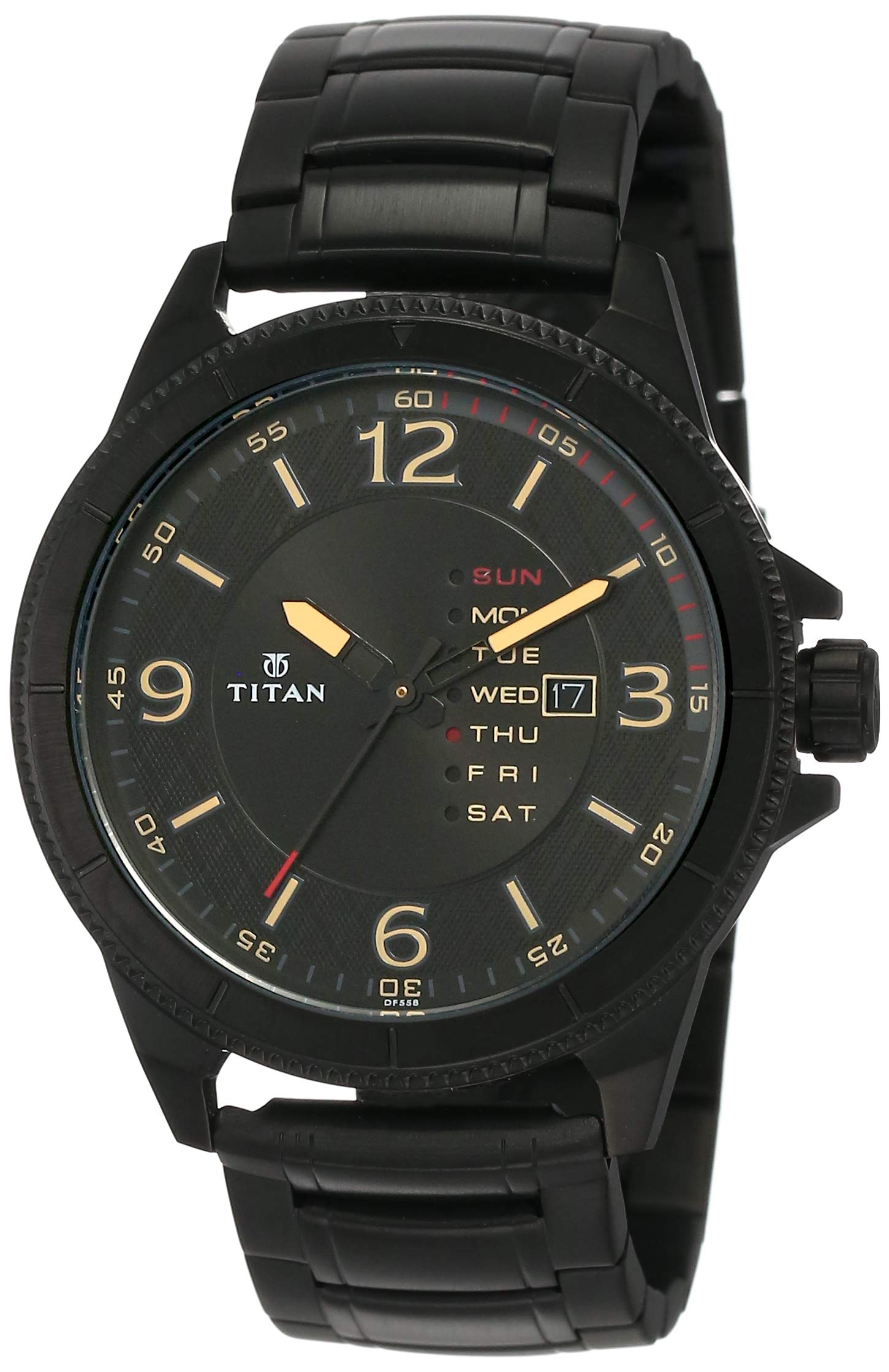 Titan Quartz Analog with Day and Date Black Dial Stainless Steel Strap Watch for Men-NS1701NM01