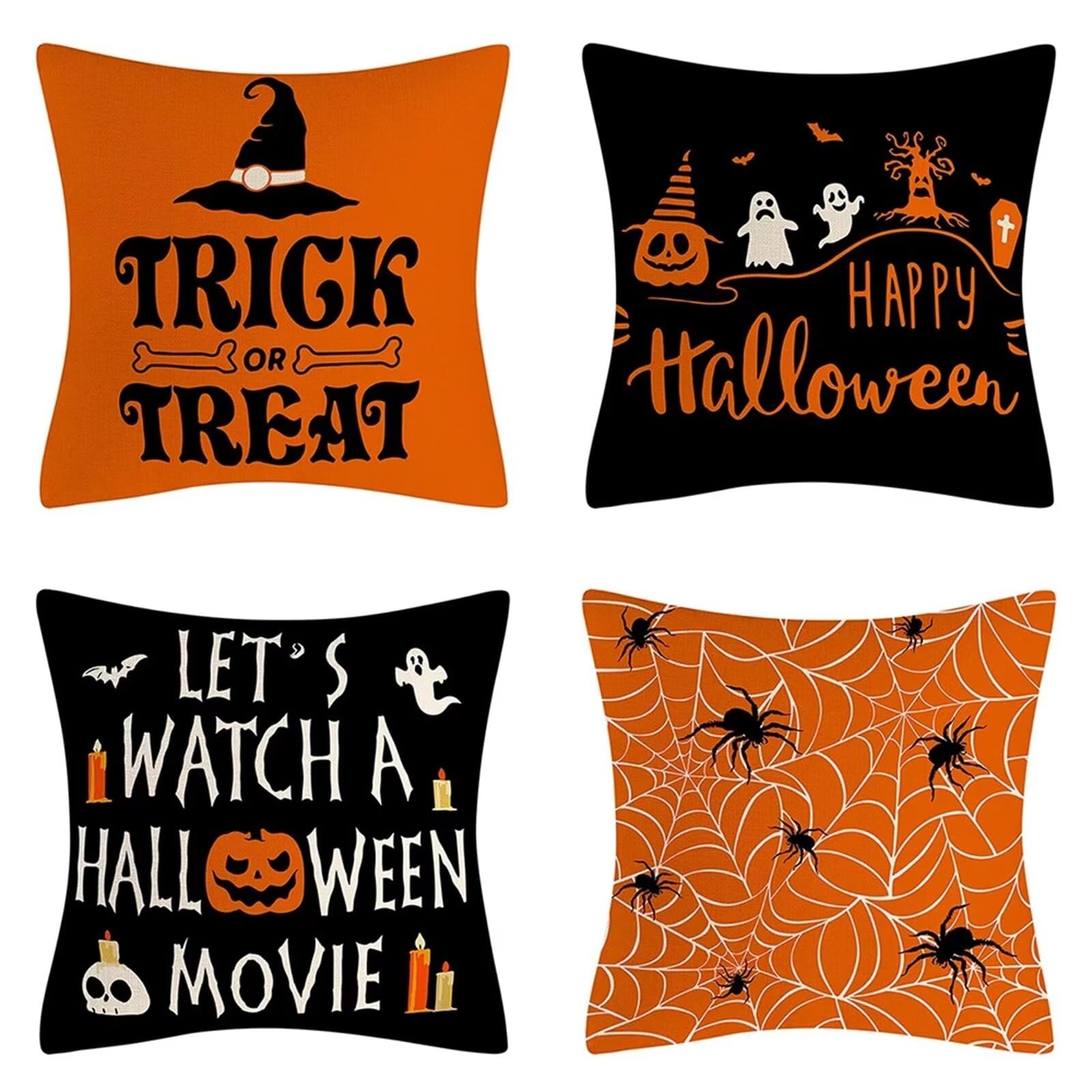Poszewki na poduszki na Halloween, dynia, pomarańczowe, lniane poszewki na poduszki, zestaw 4 kwadratowych poszewek na poduszki, do dekoracji domu, na sofę, do sypialni, samochodu, 40 x 40 cm