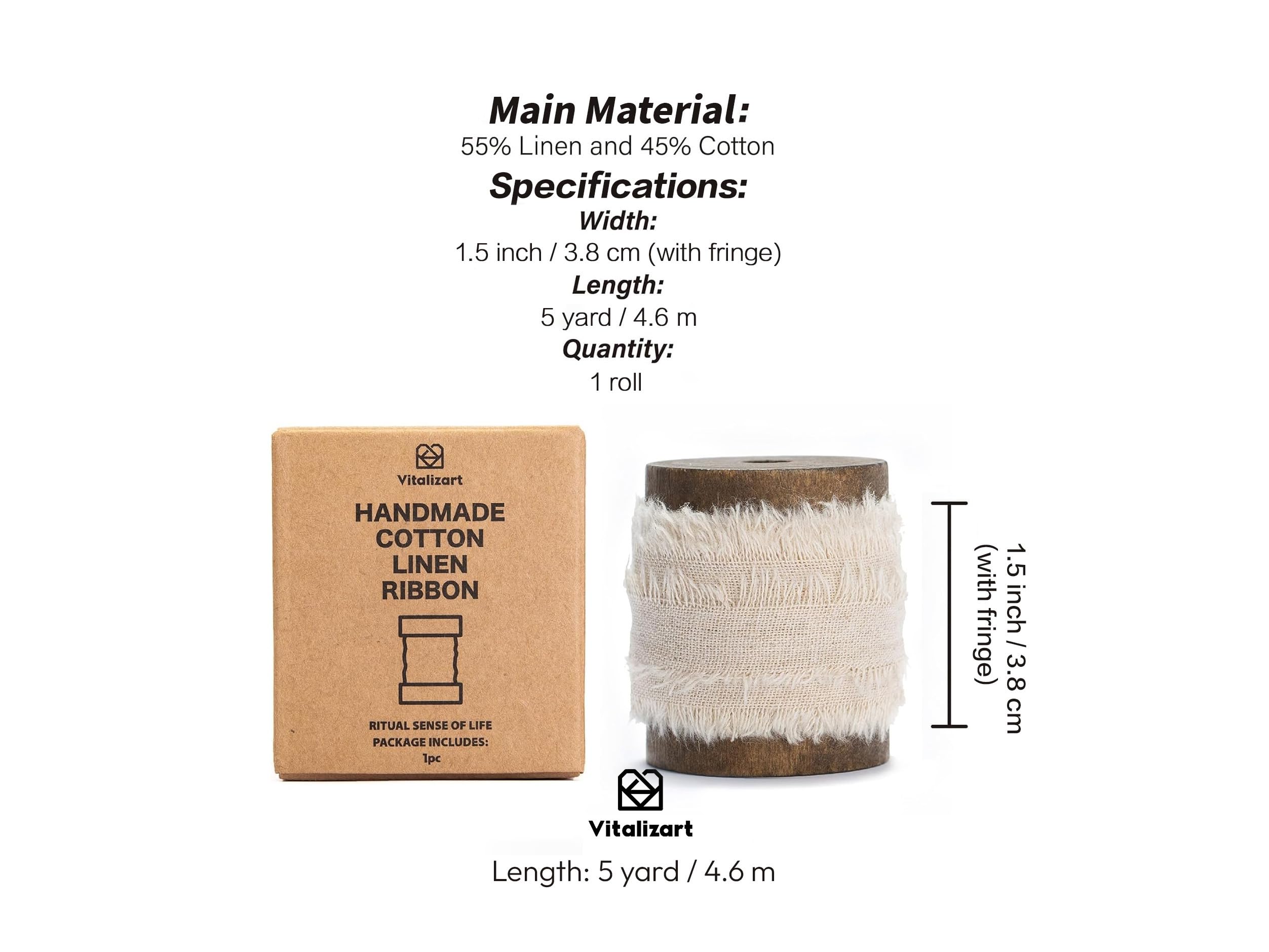 Vitalizart Beige Leinenband mit Spule, 3,8 cm x 4,5 m, rustikales ausgefranstes Baumwoll-Leinenband für Geschenkverpackungen, Hochzeitseinladungen, Brautsträuße