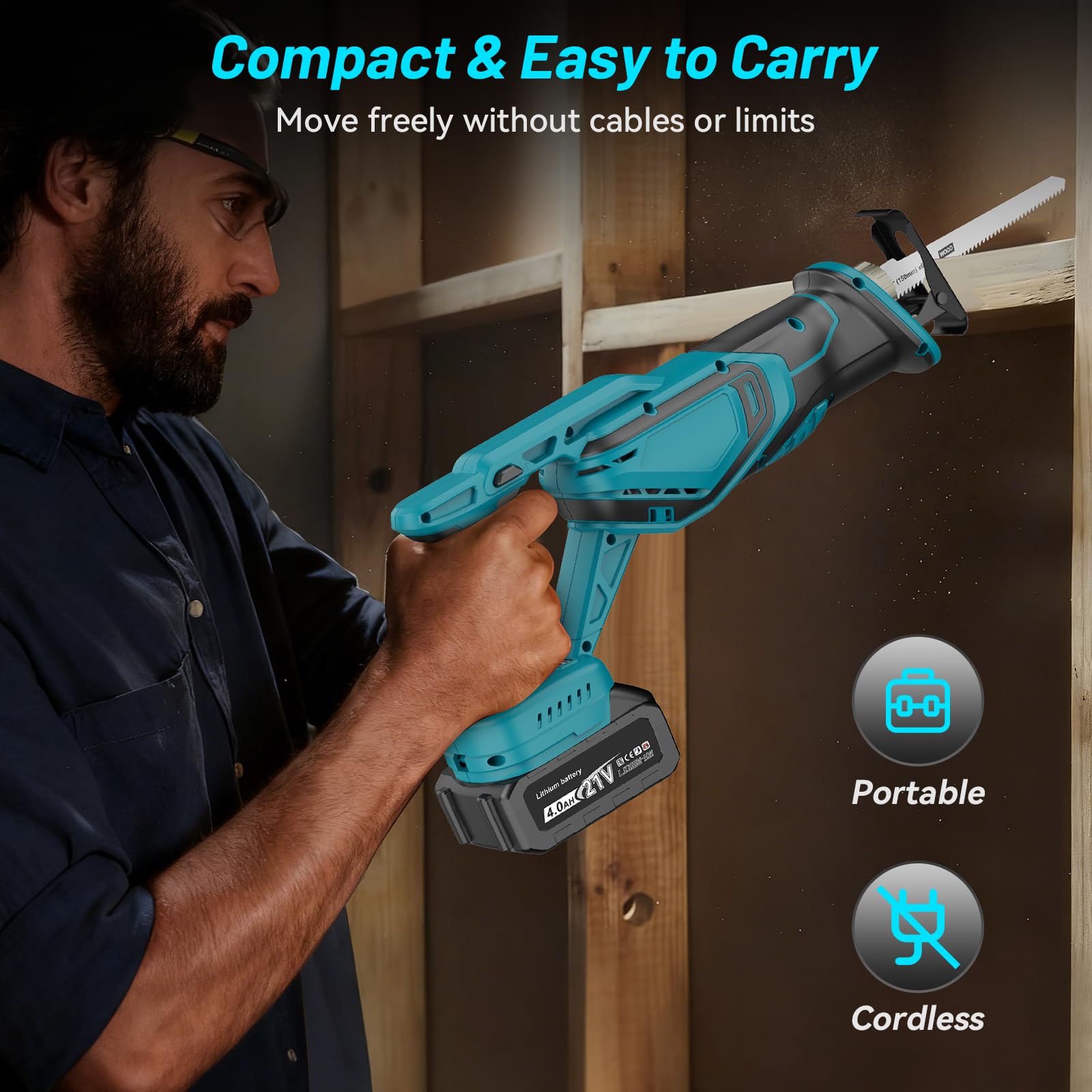 Yofuly Sega a Gattuccio Compatibile con Batterie Makita 18V, 2 Batterie da 4,0Ah, Gattuccio a Batteria 3500spm, 28mm Lunghezza Corsa, Sega Alternativa con 8 Lame per Legno/Metallo/PVC