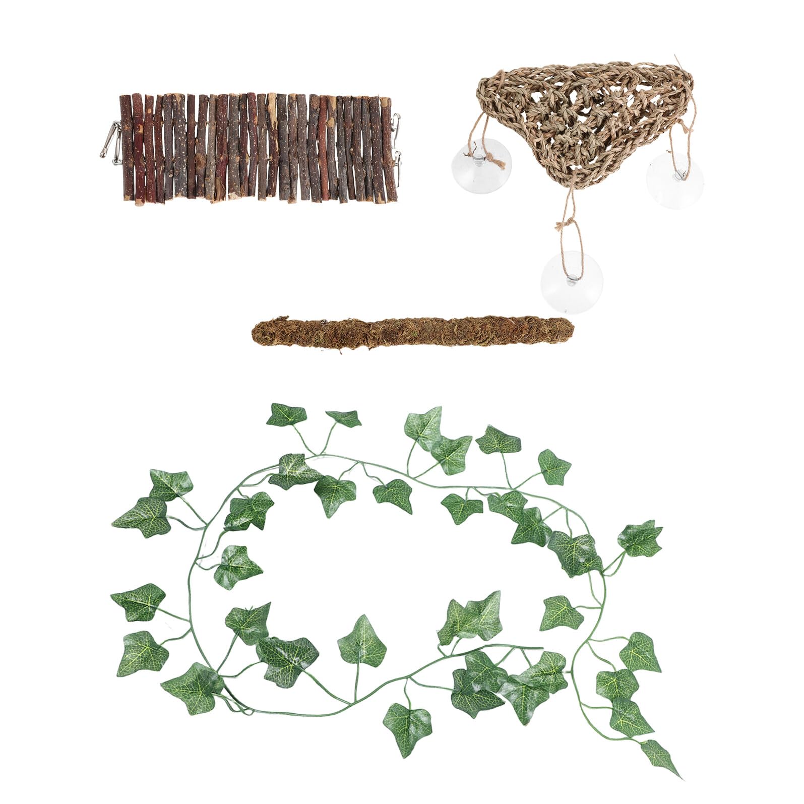 Abaodam Set 4 Pezzi Accessori per Terrario Rettile Ponte in Legno, Amaca e Ponte Sospeso per Arrampicata Serpenti e Lucertole, Decorazioni Piante Finte per Abbellimento e Stimolazione
