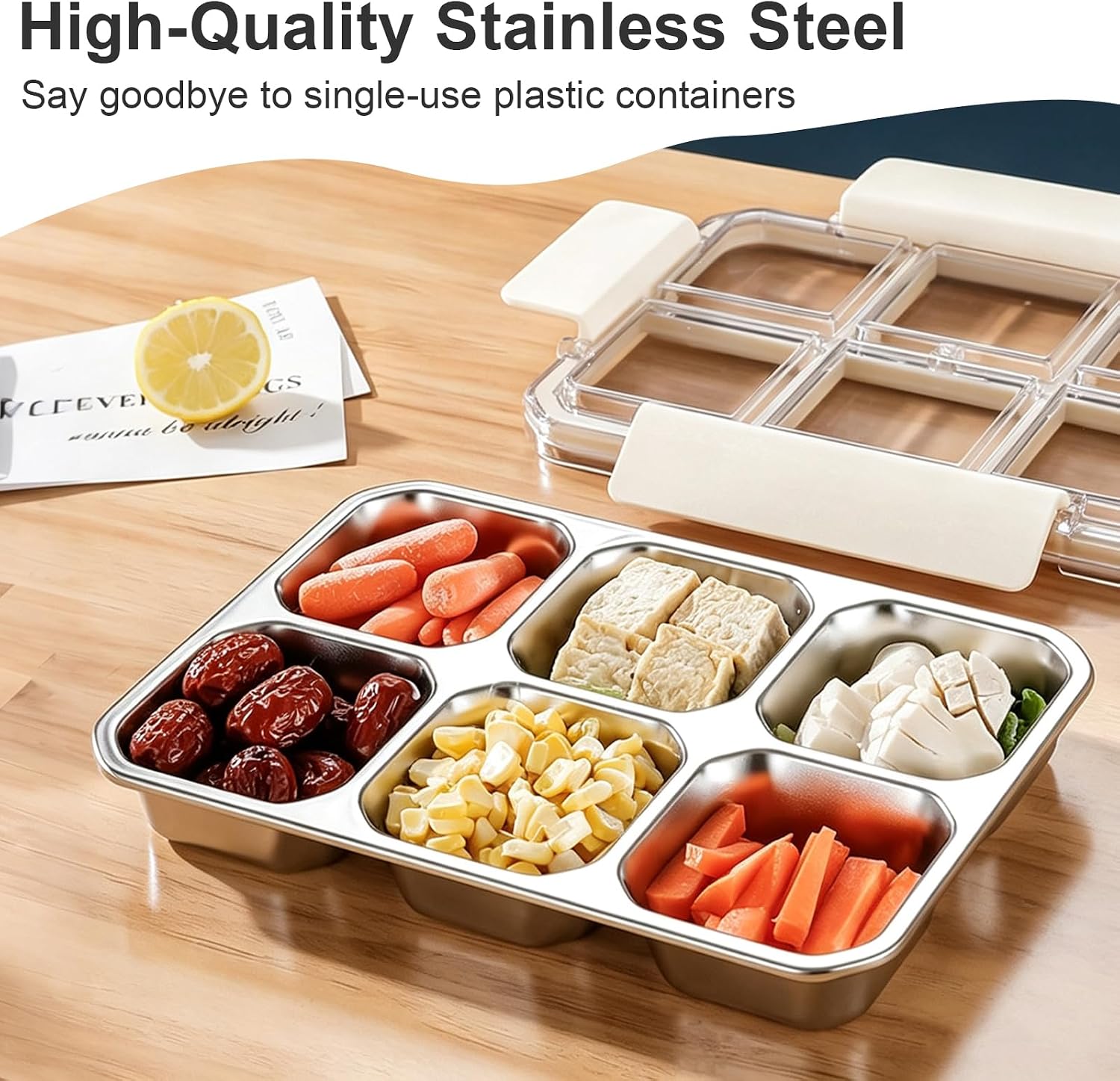 4 Pack Stainless Steel Snack Containers with Lids, 6 Compartment Leakproof