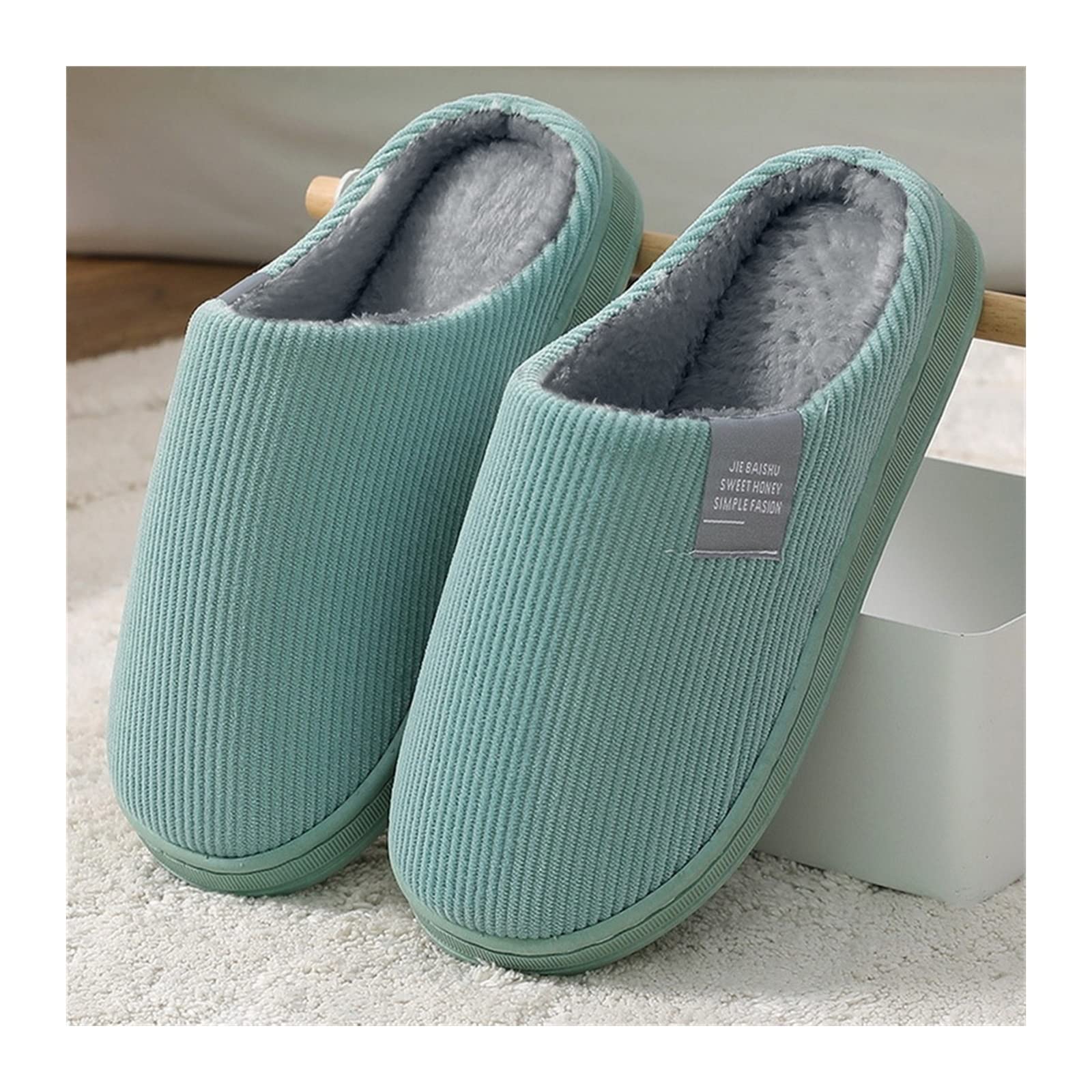 SISWIMUnisex Adults Slippers, Green, Size 40/41 E, Indoor, Winter, Fall, Classic, Flat Heel, Closed Toe, Memory Foam, Warm, Corduroy, Cotton, Pull-On, Slip Resistance