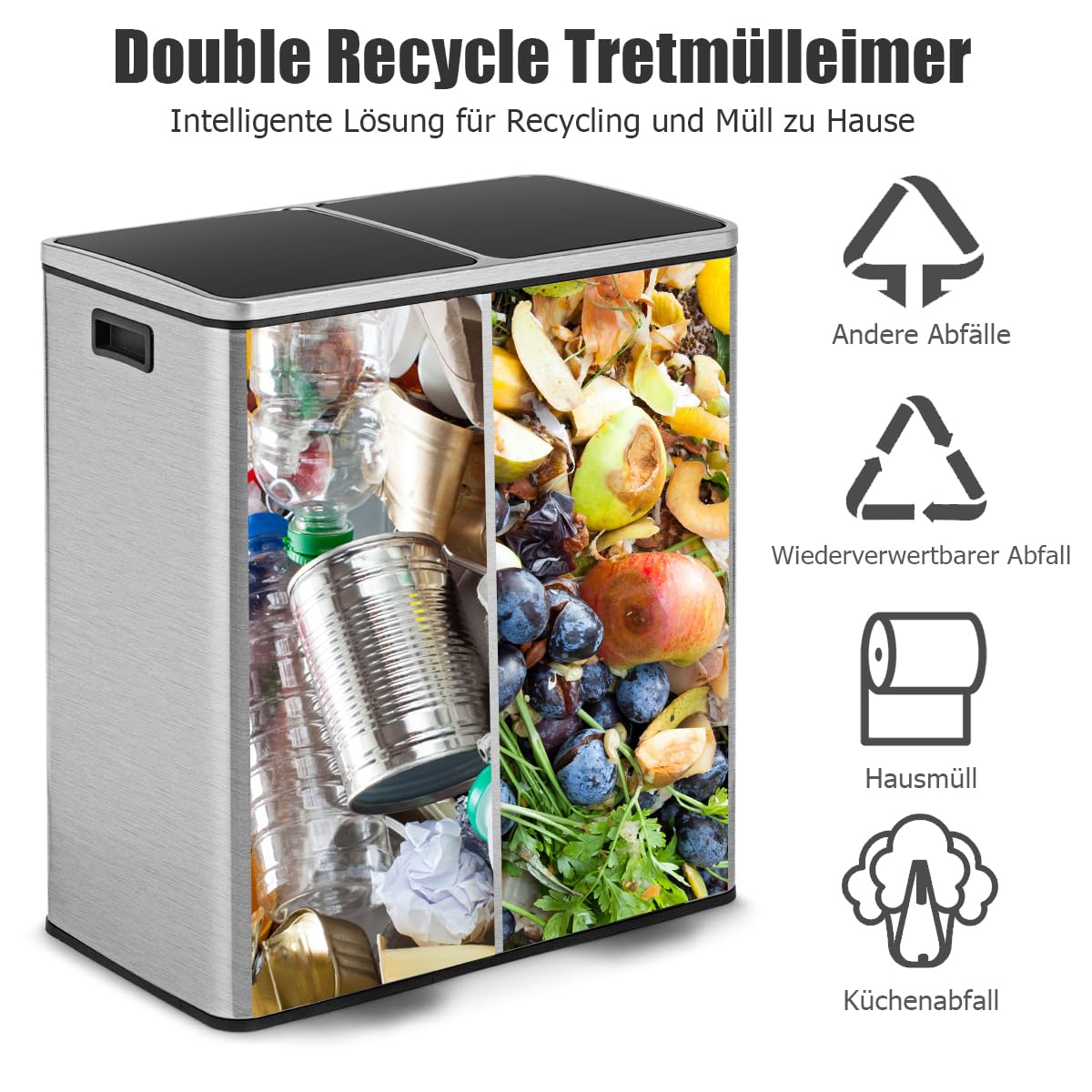GOPLUS Cubo de basura de acero inoxidable, 2 x 30 L, con 2 compartimentos, a prueba de olores, con tapa, asas, pedal de metal y 2 cubos interiores de plástico, cierre de suavidad para cocina y salón