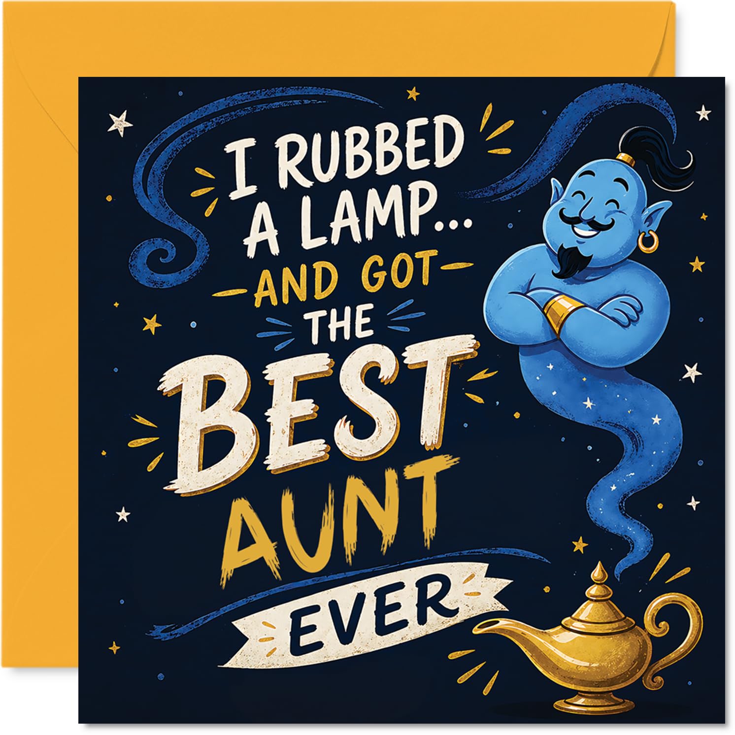 Playful Birthday Card for Aunt - Witty Genie Wish Vibes - Magical Lamp and Sparkling Stars with Bold Blue and Gold Artwork, Mother's Day - 145mm Square, Envelope Included