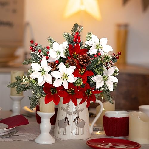 Miniatura 4 de 20 piezas de flores artificiales rojas de Navidad, conos de pino florales de Navidad, acebo, flores para árbol de Navidad, decoración de fiesta de