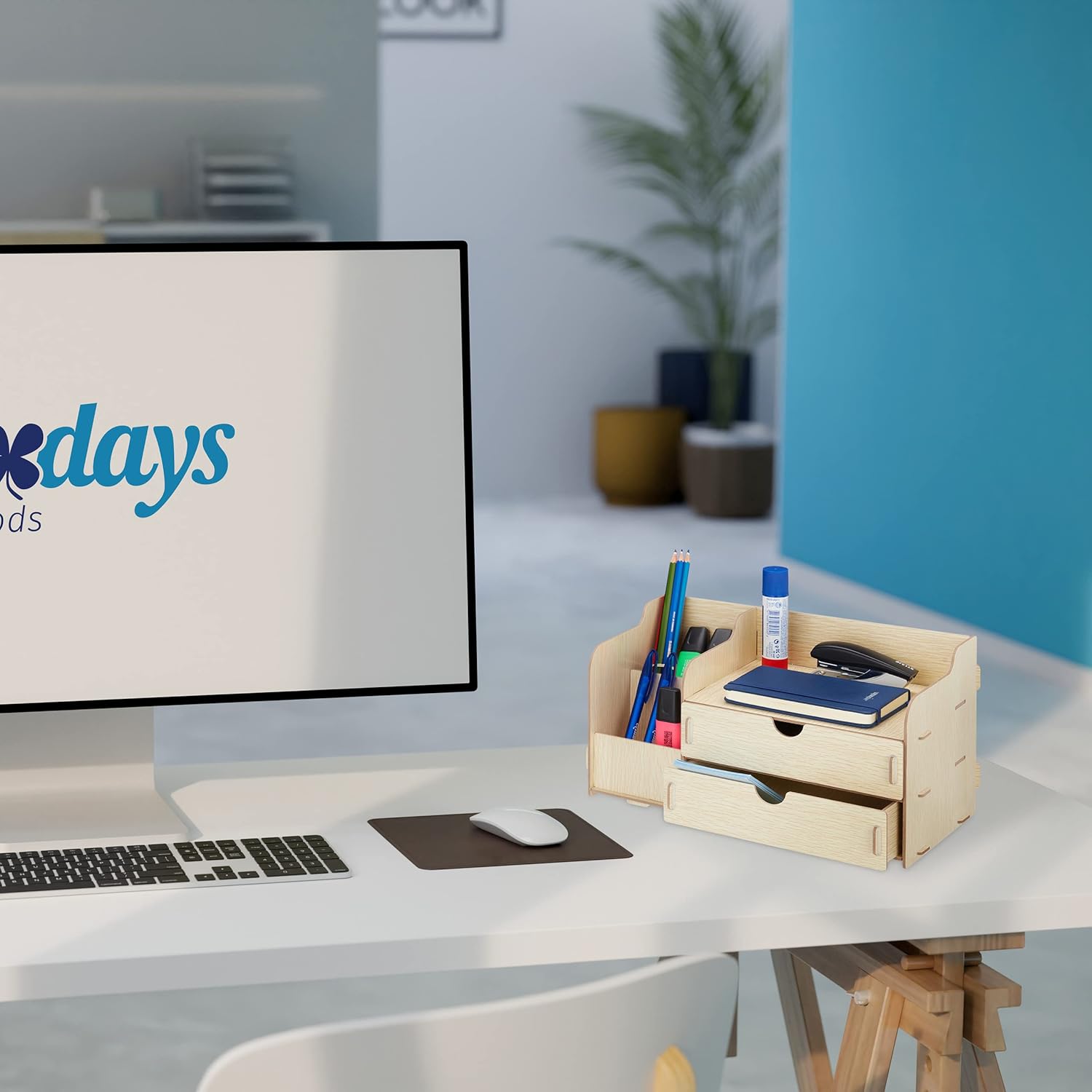 Relaxdays Desk Organiser, Office Supplies and Documents, Different Size Compartments, DIY, MDF, 17 x 33 x 19 cm, Beige, 100% fibreboard
