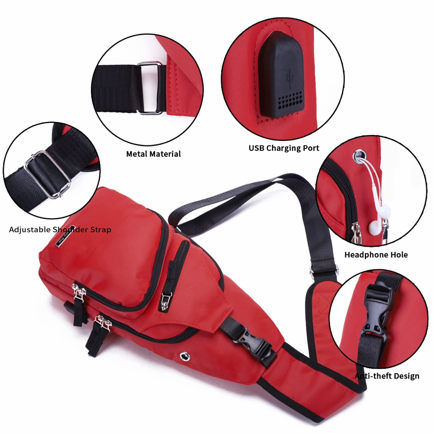 Seoky Rop Mochila bandolera de nailon resistente al agua para hombre y mujer, con puerto de carga USB, Rojo sandía, Talla única