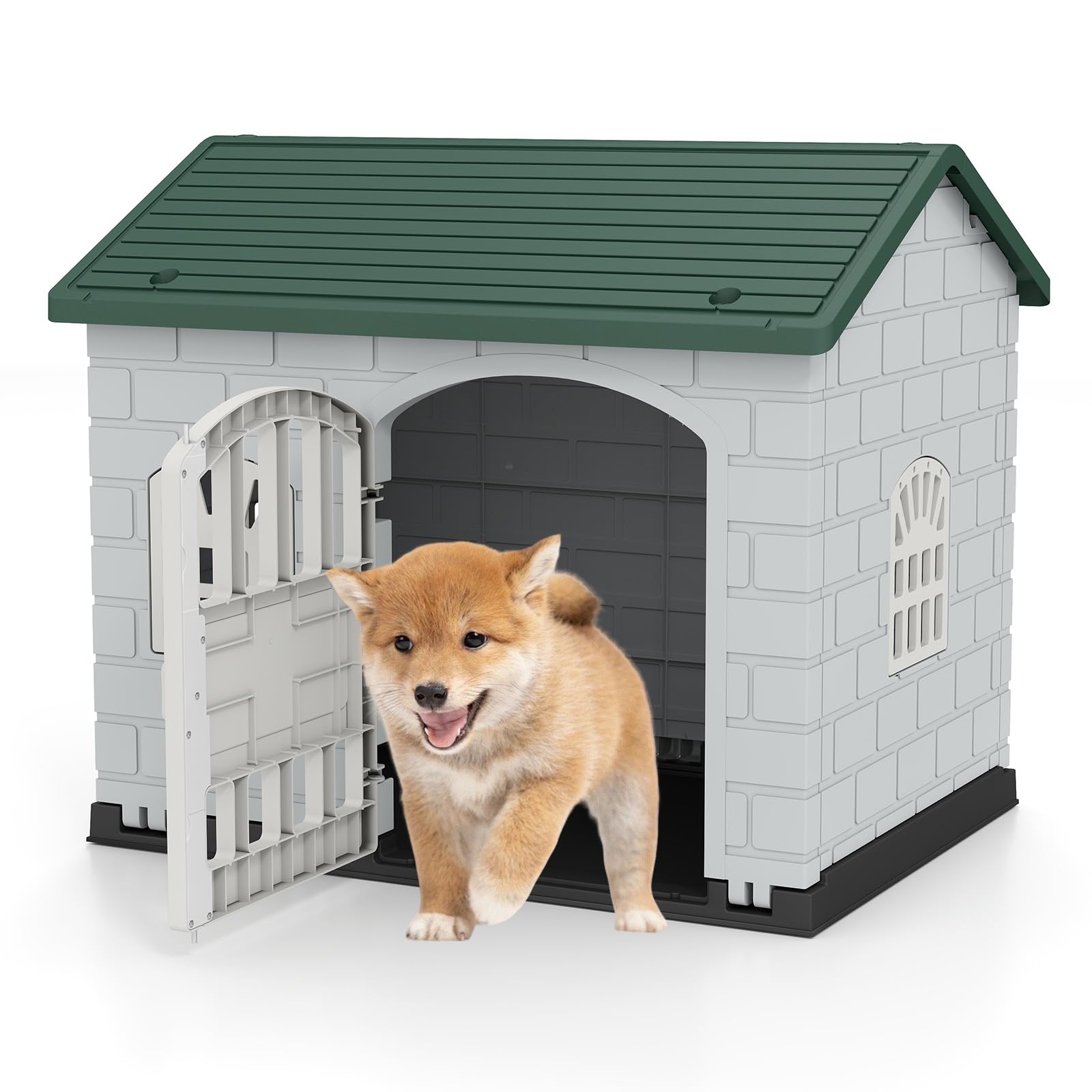 GOPLUS Caseta para Perros de Plástico Exterior Interior, Casa para Perro con Puerta con Cerradura, 3 Ventanas, Techo Inclinado, Jaula Decorativa para Cachorros Impermeable, 75 x 58 x 65 CM (Verde)