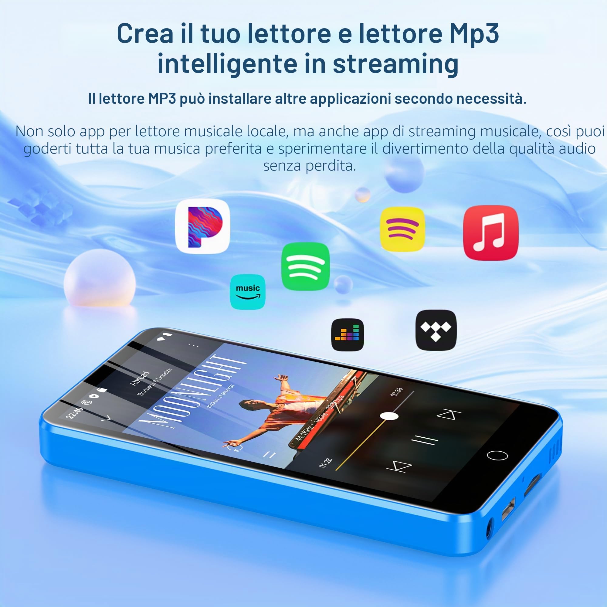 Lettore MP3 Diofox 80GB con Bluetooth e Wi-Fi, Lettore MP3 Android Spotify, Amazon Music, Audible, Lettore MP4 con touchscreen da 4 pollici, Musica in streaming, Play Store, Radio FM, Deezer - Blu