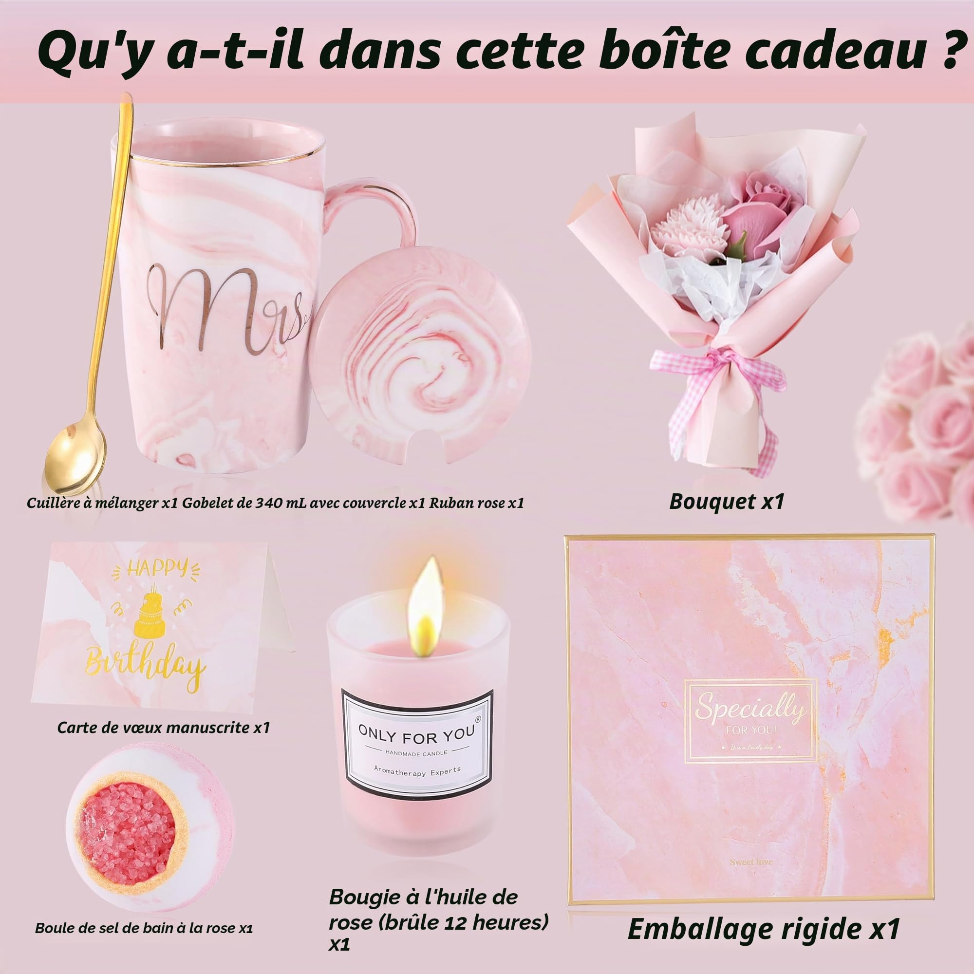 Cadeaux d’anniversaire pour femmes – Panier cadeau luxe avec tasse, bougie, bombe de bain, bouquet de savon – Idéal pour maman, épouse, sœur, amie, meilleure amie, collègue