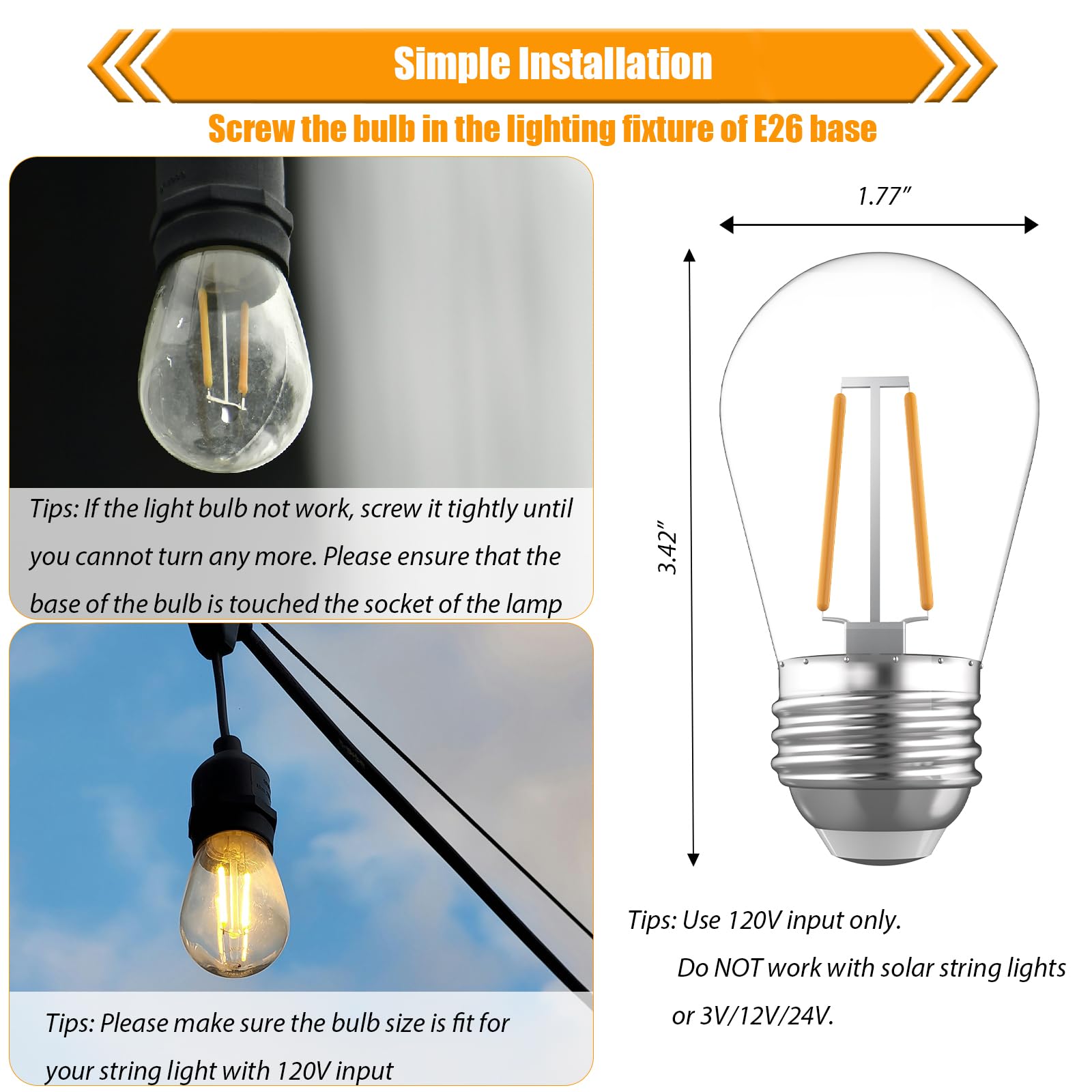 Paquete de 15 bombillas LED S14 para cadena de luces al aire libre, bombilla LED de 2 W inastillable para reemplazo de bombilla de iluminación de patio, 2700 K cálido, CRI90+, base mediana E26
