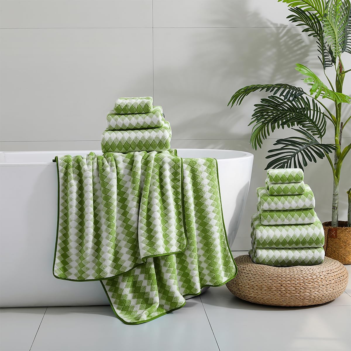 Oliven 12 Pcs Dark Green White Diamond Towel Set-4 Bath Towels,4 Hand Towels,4 Washcloths Soft Polyester Bath Towel with Loop Absorbent Shower Towel Quick Dry Family Towels for Bathroom Spa Gym