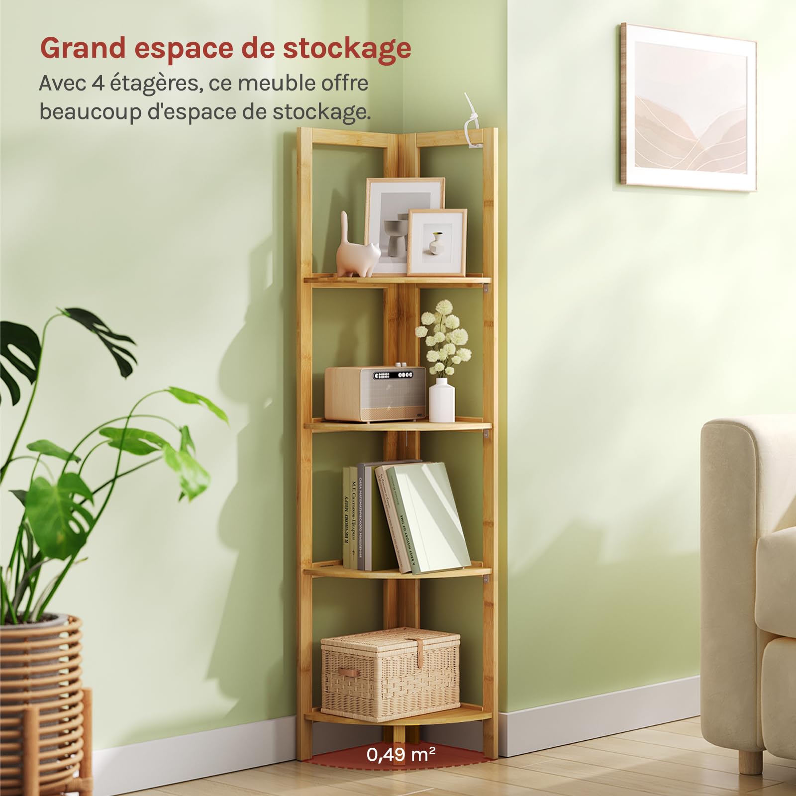 WOLTU Étagère d'angle Pliable à 4 Niveaux en Bambou Naturel | Étagère de Rangement Multifonctionnelle avec Échelles, pour Salle de Bain/Cuisine/Salon, 27x27x120 cm