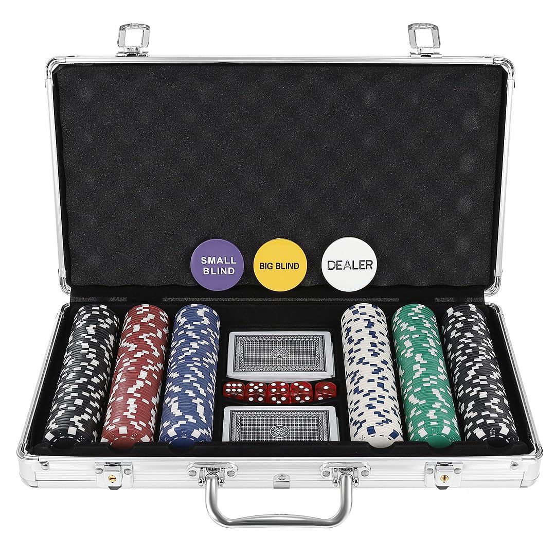 Texas Holdem 23528 Kit de poker avec mallette de poker en aluminium verrouillable 2 jeux de cartes, 300 jetons de poker, 5 dés