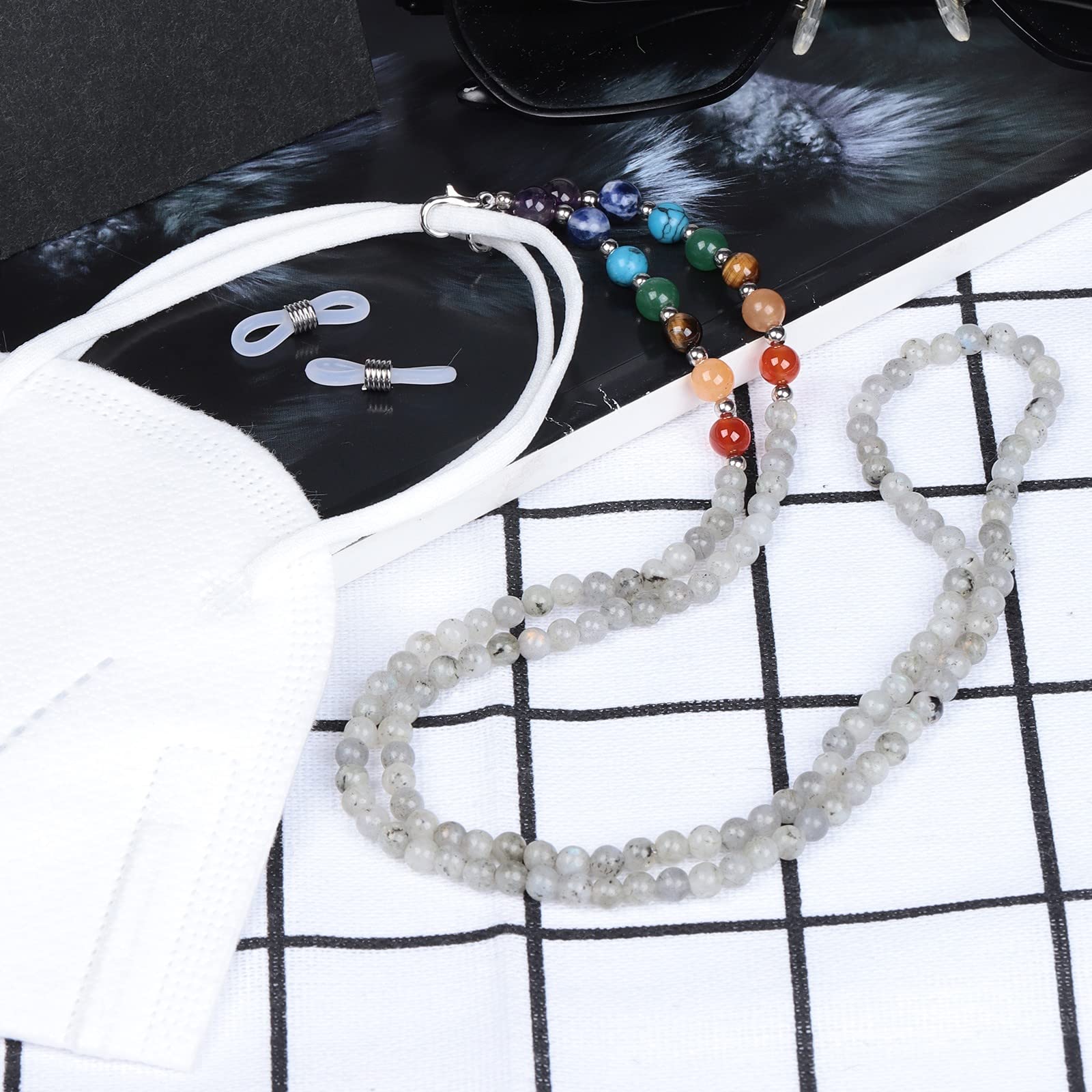 KYEYGWO 7 Chakren Stein Perlen Brillenkette für Damen und Herren, Reiki Kristall Brillenband Edelstein Brillenkordel Mode Kette Brillenschnur für Sonnenbrillen, Myopiebrille, Lesebrillen