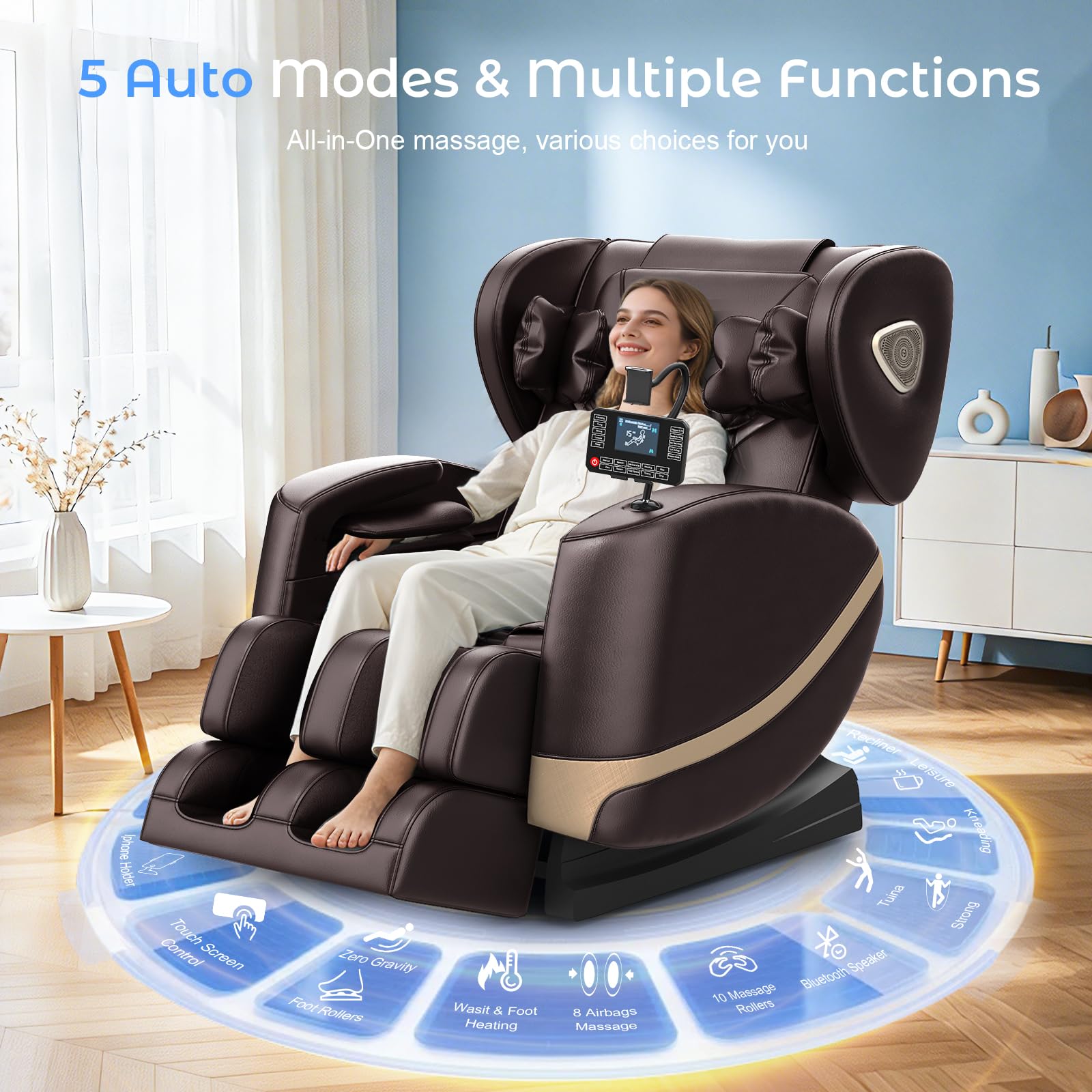 Poltrona Massaggiante per Tutto il Corpo con Rulli e Airbag, Funzione Zero Gravity, Altoparlanti Bluetooth e Touchscreen, Funzione Riscaldante per Vita e Gambe, con Massaggio Plantare (Marrone)