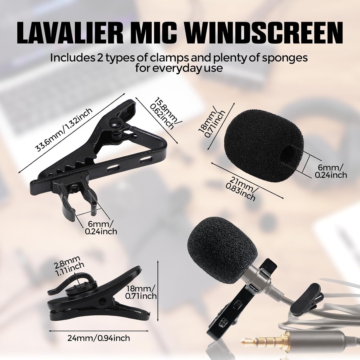 Konohan 24 Set Lavalier Microphone Replacement Kit, Metal Tie Clips, Windscreen Foam Covers & Plastic Cable Clips for Lapel Mics, Ideal for Recording, Live Streaming & Video, Black image 2