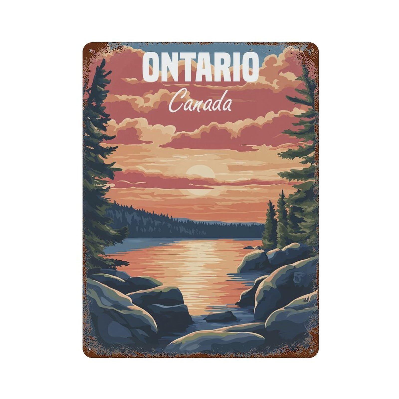 Distressed Metal Wall Sign Ontario Sunset Landscape 15.7"x11.8", Retro Wall Decor for Basement, Hobby Room And Garage Decor