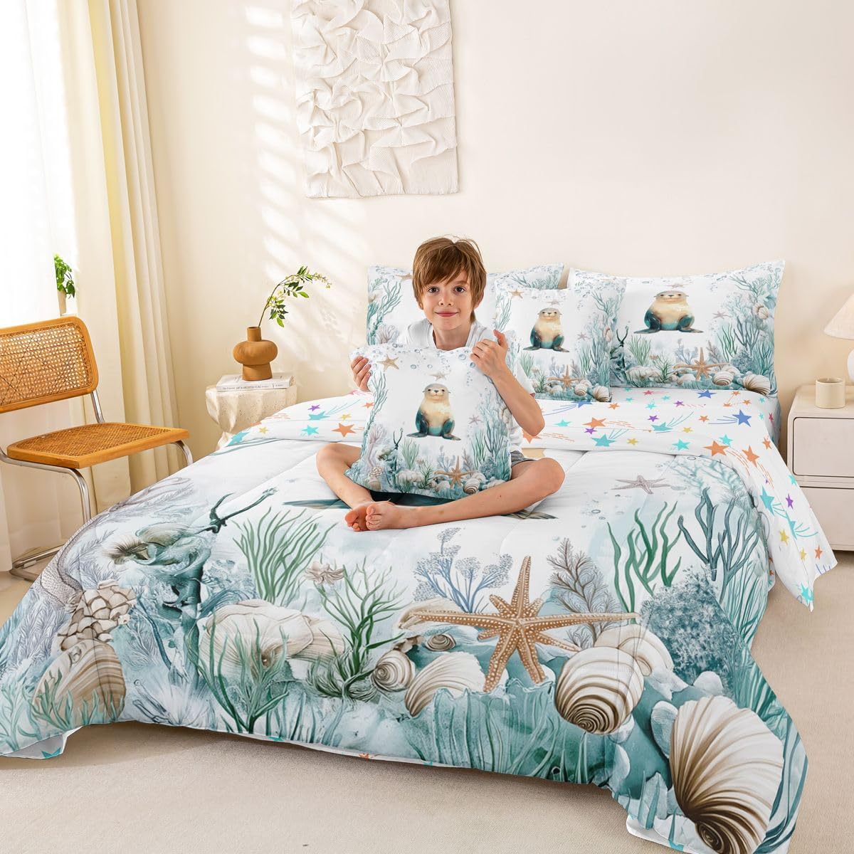 Erosebridal Sea Lion Bedding Set,Nautical Sea Animal Bed in A Bag Queen Comforter Set 7 Piece Teal Blue Ocean Comforter and Sheets Underwater Sealife Starfish Coral Bed Sets