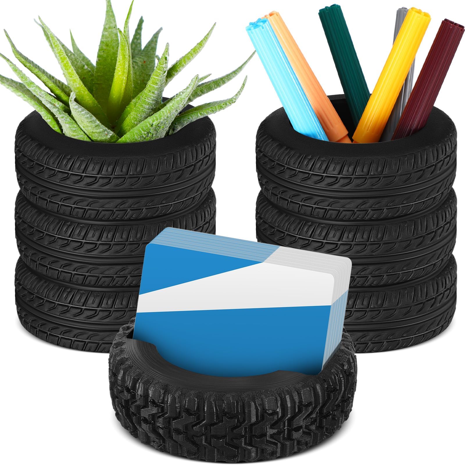 3 Pcs Tire Shaped Planter Pen Holder and Tire Business Card Holder Set Pencil Succulent Cactus Planter Pot for Desk Home Office Accessories Organizer