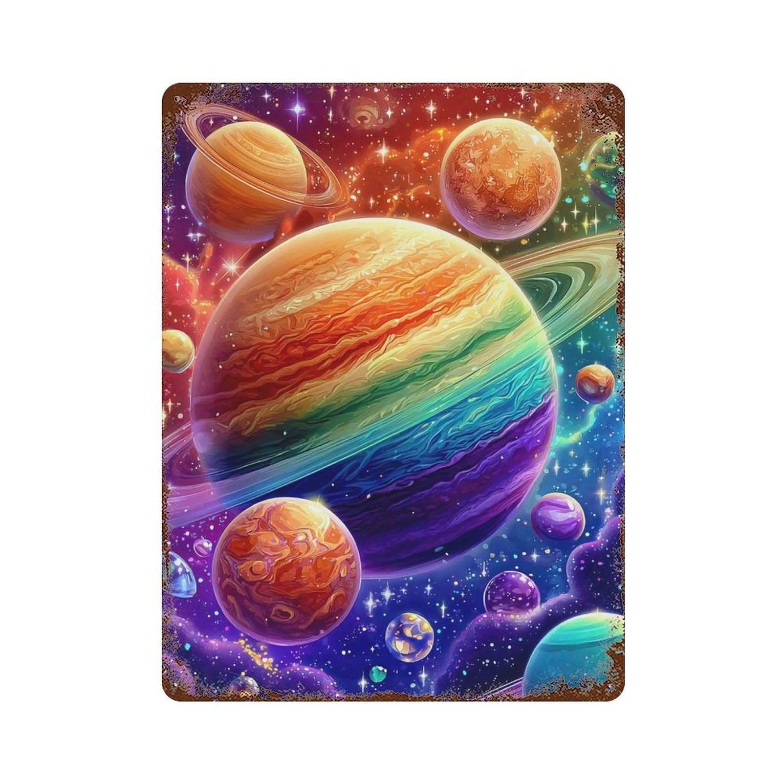 Rust Effect Colorful Galaxy Planets Rustic Tin Plaque 15.7"x11.8", Classic Wall Plaque for Shed, Workshop And Garage Wall Decor