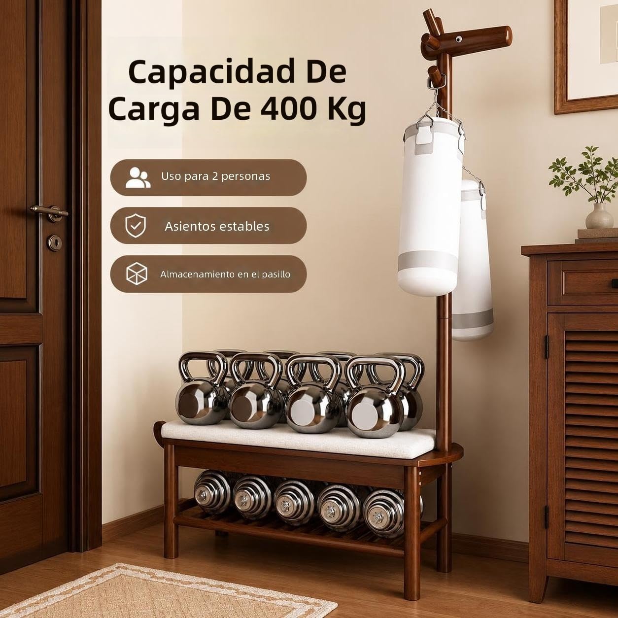 Árbol de Entrada de Madera Maciza con Perchero y Banco de Almacenamiento de Zapatos, Banco de Armario de Entrada para Sentarse y almacenar (Nogal, 70 cm)