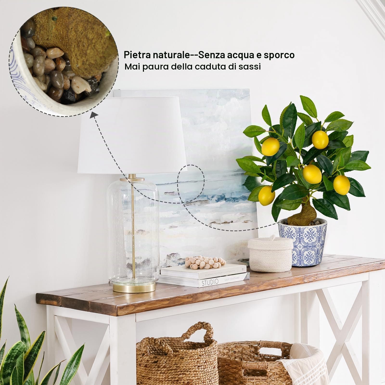 Hollyone Pianta artificiale di limone in vaso, pianta finta decorativa in vaso, piccolo albero di limone finto per camera da letto, soggiorno, bagno, scrivania, tavolo, cucina, decorazione per la casa