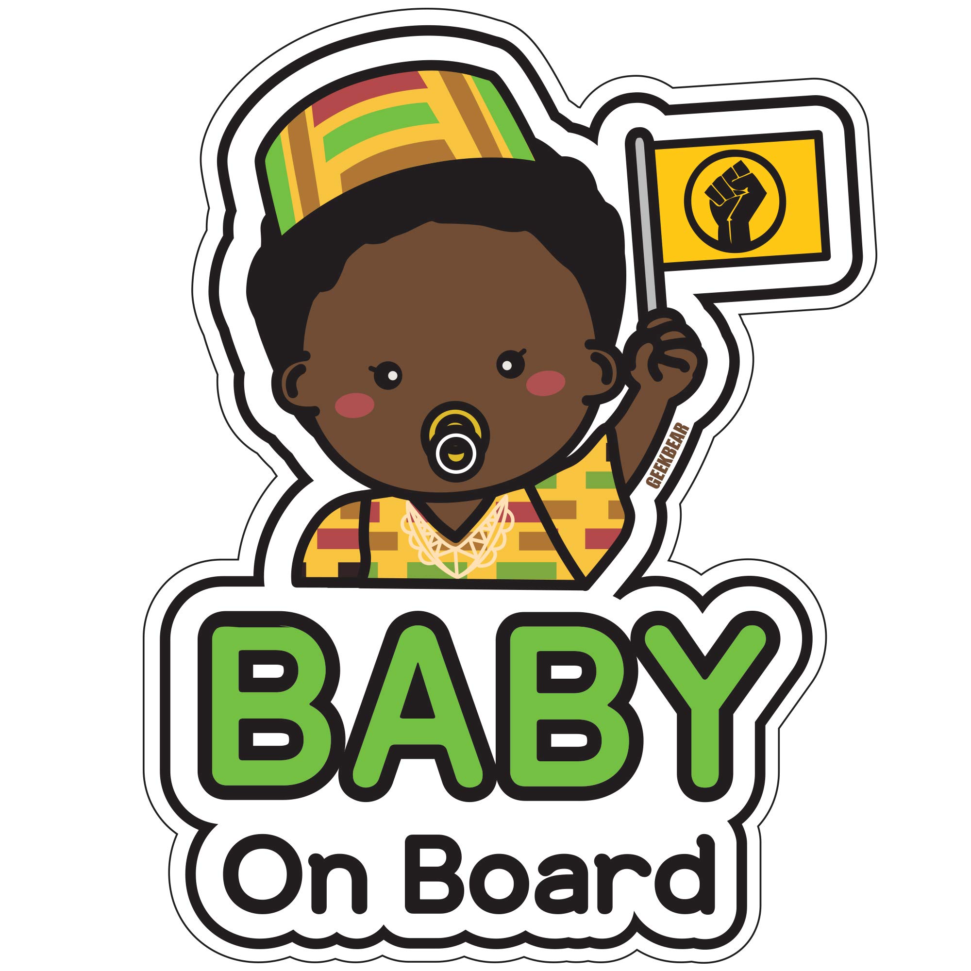 GEEKBEARBaby on Board Sticker and Decal (Afro-American Boy, 1 Pack) - Baby Bumper Car Sticker - Baby Window Car Sticker - Baby in Car Sticker - Cute Safety Caution Decal Sign for Cars