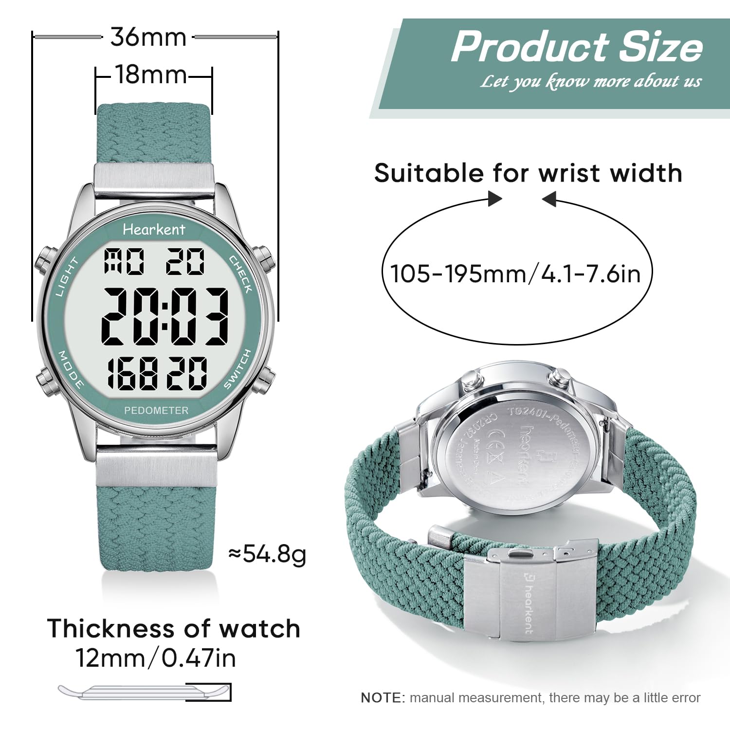Hearkent Schrittzähler-Uhr für Damen, Schritt-Tracker mit Kalorienzähler, nicht Bluetooth, 30 m wasserdicht, LCD-Display mit großer Zahlenanzeige, Armbanduhr für Spaziergänge und tägliche Aktivitäten