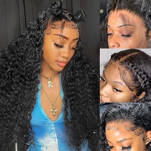 Momaksa Pelucas de encaje frontal de cabello humano húmedo y ondulado, pelucas de encaje frontal para mujeres negras, 13 x 4, sin pegamento, cabello