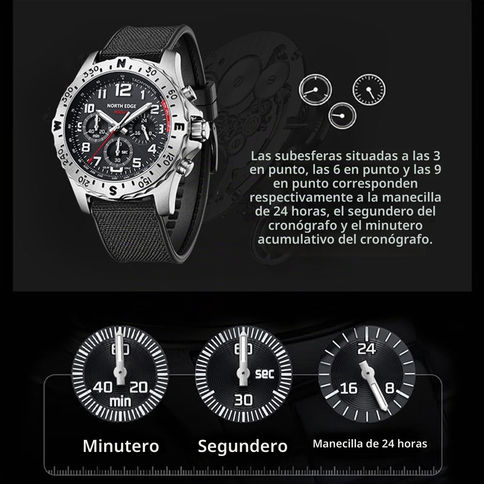 Lixada Reloj solar North Edge para hombre, acero inoxidable, cronógrafo electrónico, carga solar, 180 días, reserva de energía