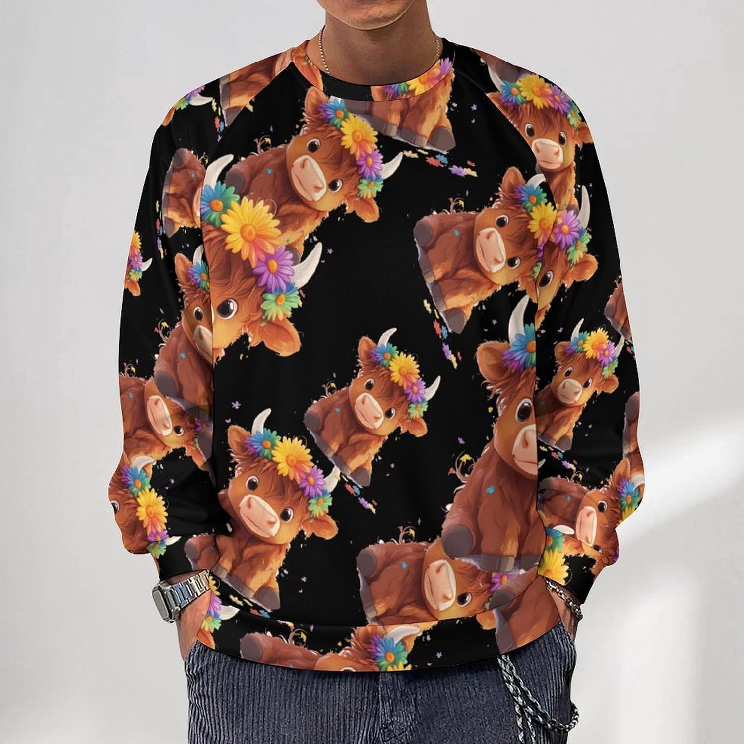 Highland Cow Men's Sweatshirt Crew Neck Sweater Long Sleeve Pullover Tops Casual Wear