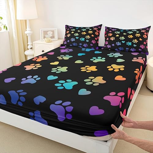 Manfei Sábana bajera ajustable para niños con estampado de patas de perro, tamaño individual, juego de ropa de cama neón de animales para niñas,
