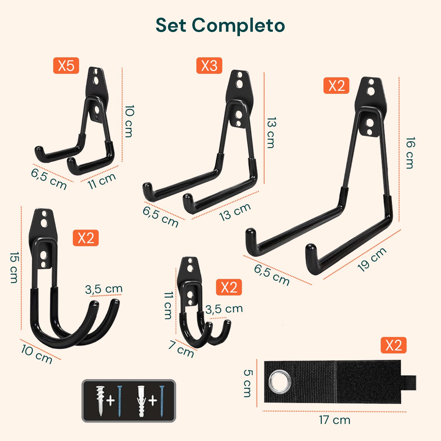Set 16 Ganci da Parete per Garage e Officina – Porta Bici da Muro, Portabici e Porta Attrezzi da Giardino in Acciaio con Rivestimento PVC Antiscivolo – Organizer Garage Salvaspazio