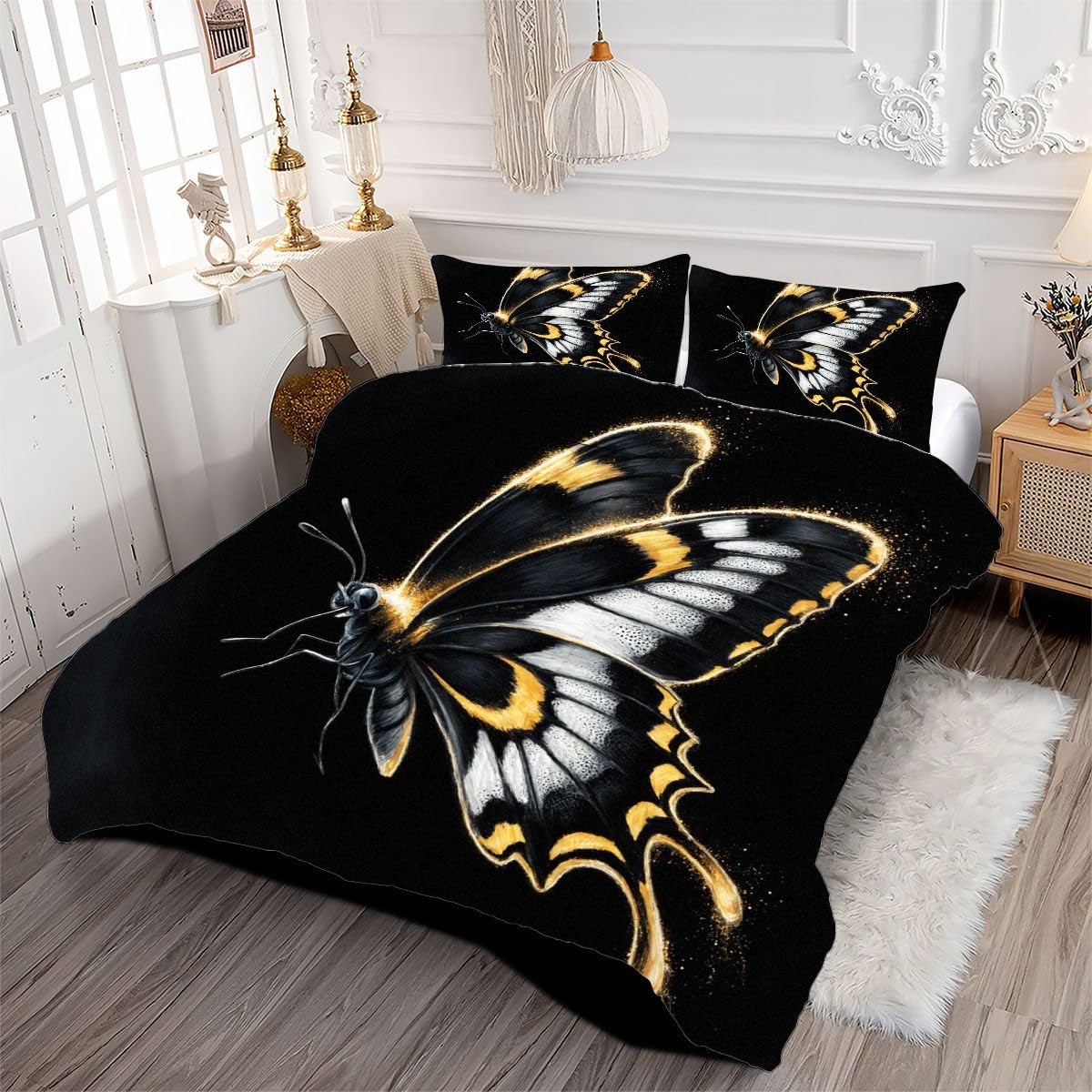 Ensemble Lit Complet 160x200 cm Papillon Noir, Housse en Microfibre Imprimée et Duvet Coton 4 Saisons, Comprend 2 Taies, Excellence et Qualité Supérieure, Chaud et Respirant N228