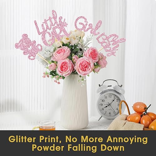 Miniatura 4 de 12 palos de centro de mesa para niña, oso de muñeca rosa con purpurina para niña, baby shower, suministros para fiesta de revelación de género