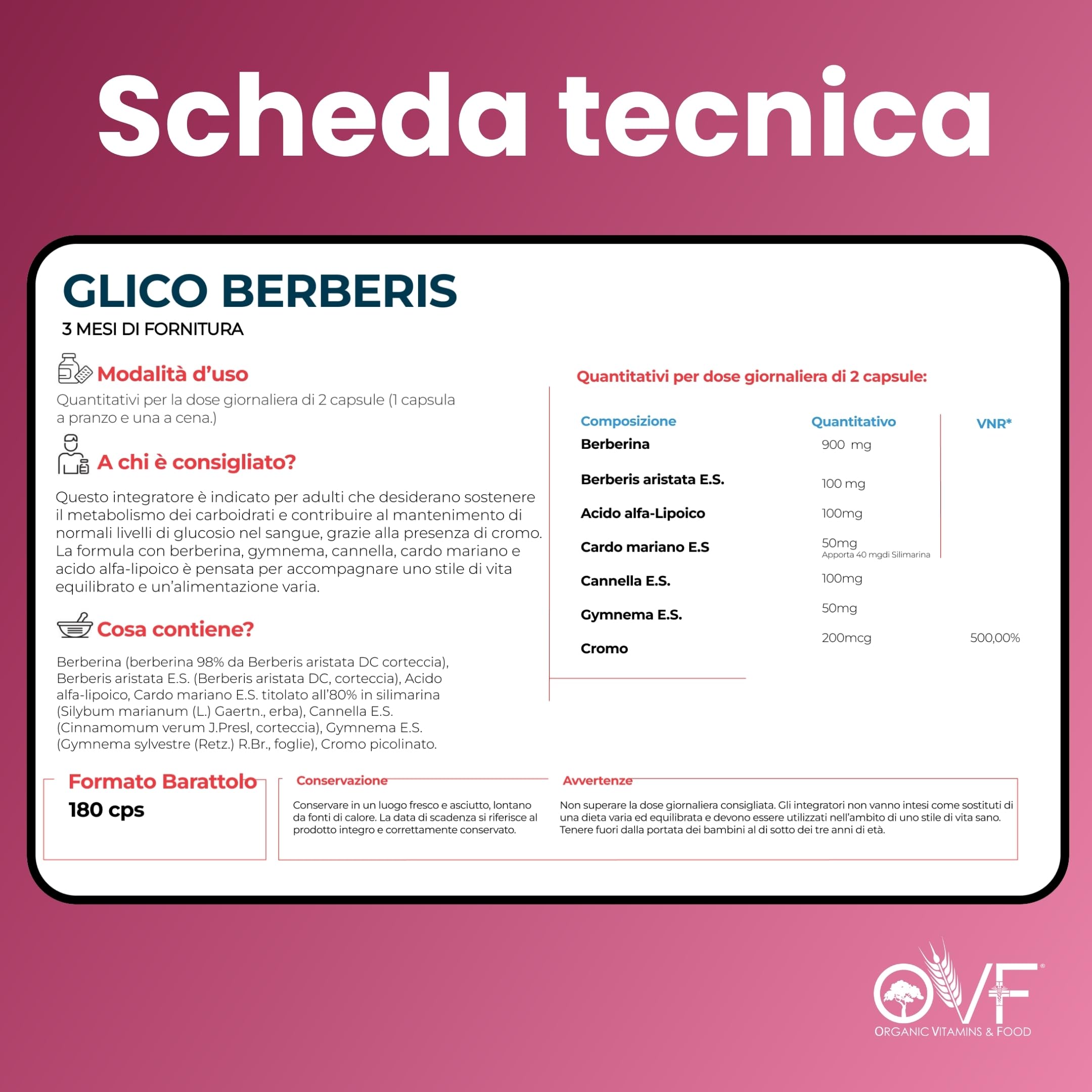 OVF Glico Berberis 180 cps Integratore Alimentare con Berberina, Acido Alfa Lipoico, Gymnema, Cardo Mariano, Cromo e Cannella Supporta Metabolismo e Favorisce la Funzionalità Cardiovascolare