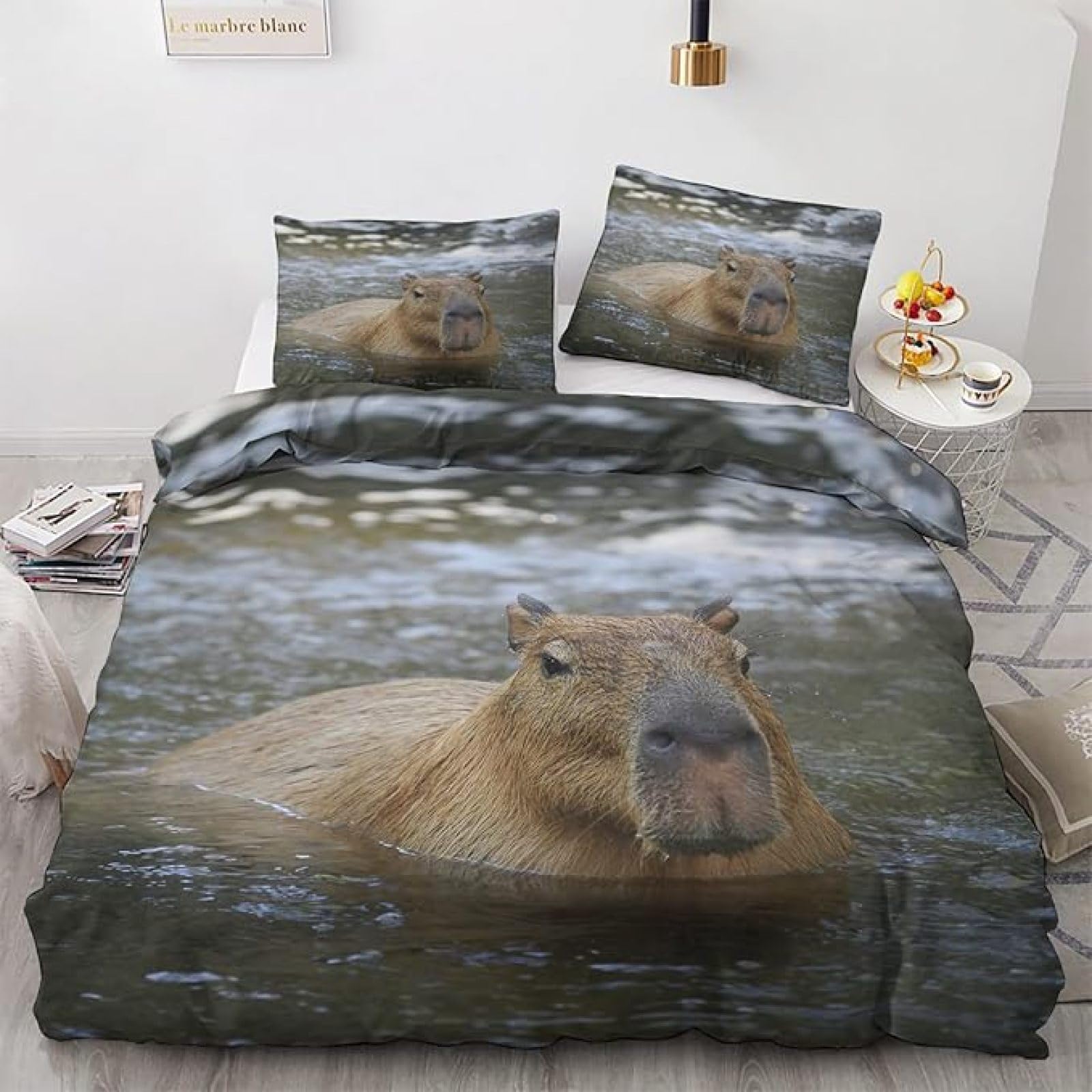 Podwójna poszwa na kołdrę 250 x 200 cm dorosły Capibara szary zestaw pościeli z ukrytym zamkiem błyskawicznym Miękka oddychająca poszewka na kołdrę z mikrofibry i 2 poszewki na poduszki 50 x